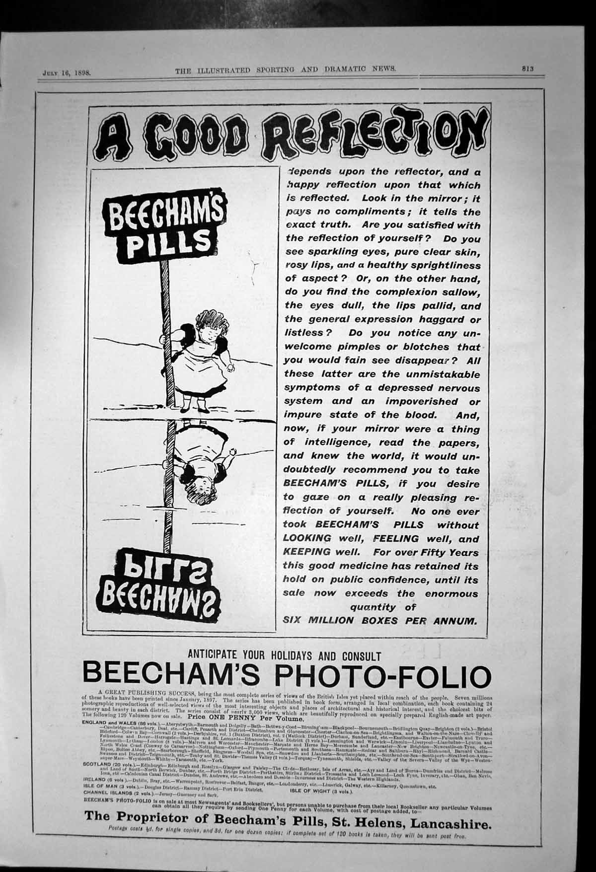 Antique Old Print Beechams Pills Good Reflection Photo Folio Look Well 1898