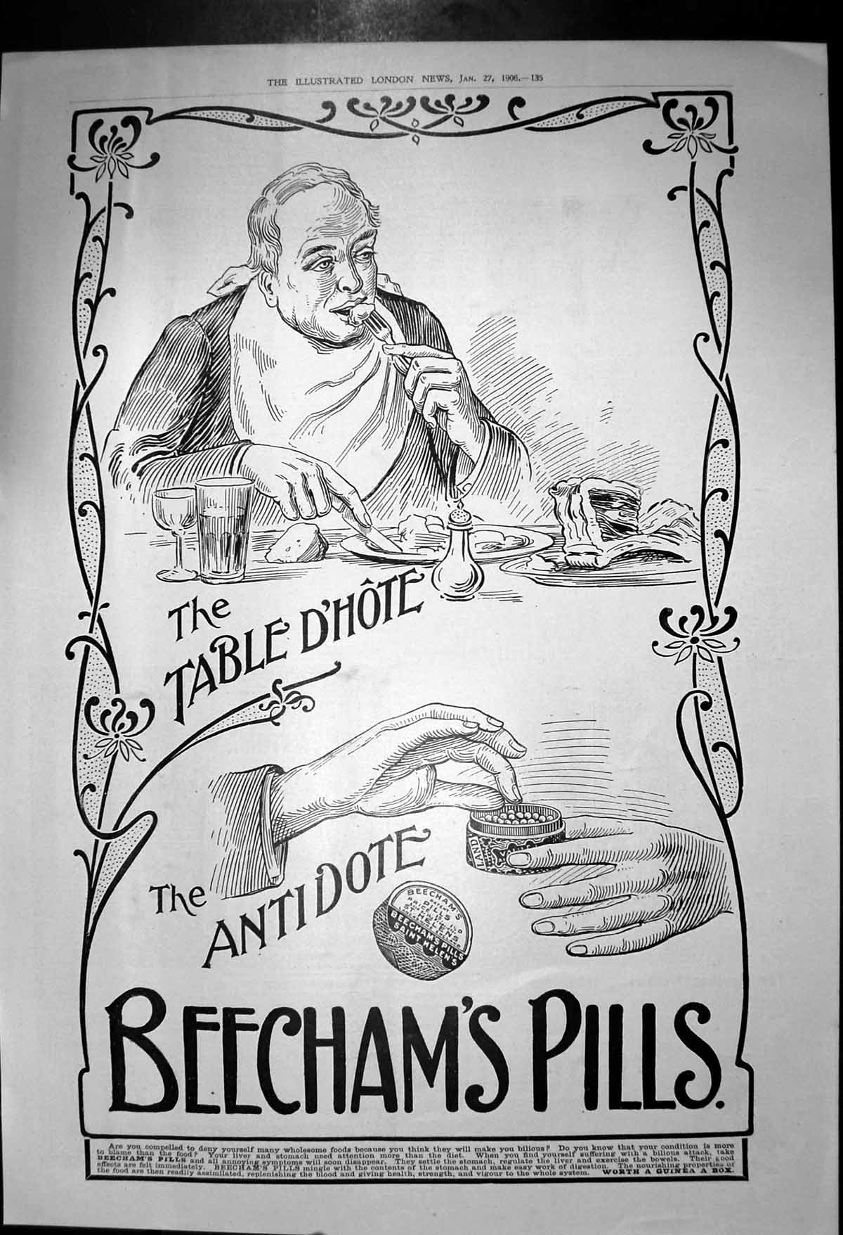 Antique Old Print Beechams Pills Table D Hote Antidote Dont Deny Food 1906 20th
