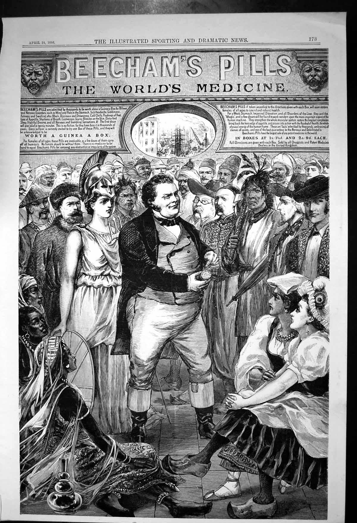 Old Antique Print Beechams Pills Worlds Medecine Worth Guinea A Box 1886 19th