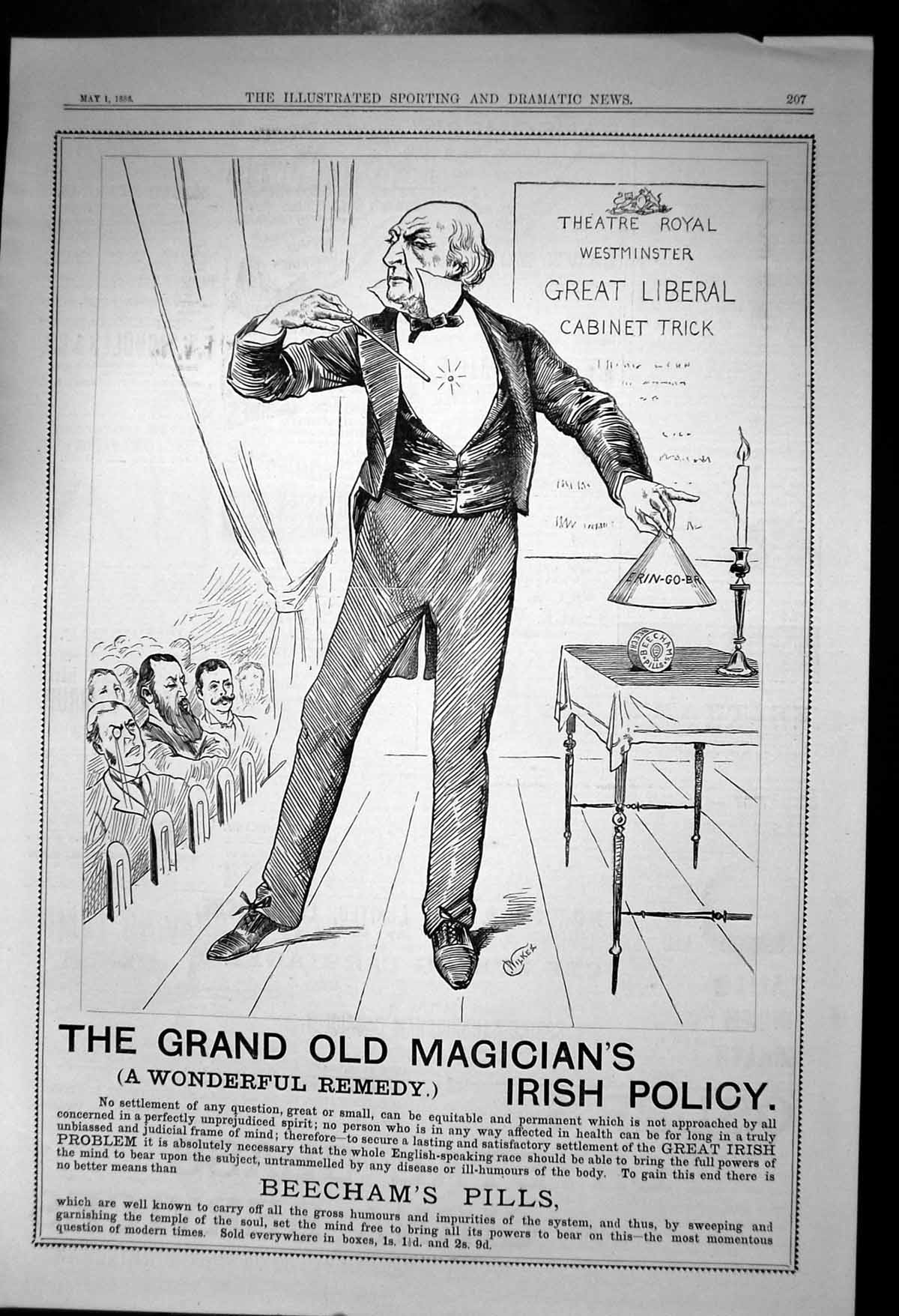 Original Old Antique Print Grand Magician Wonderful Remedy Beechams Pills 1886