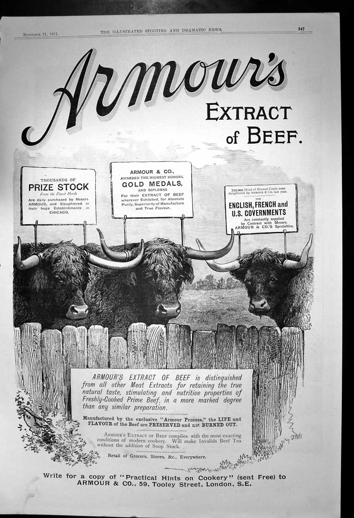 Original Old Antique Print Armours Extract Beef Prize Stock GMedals 1891 19th