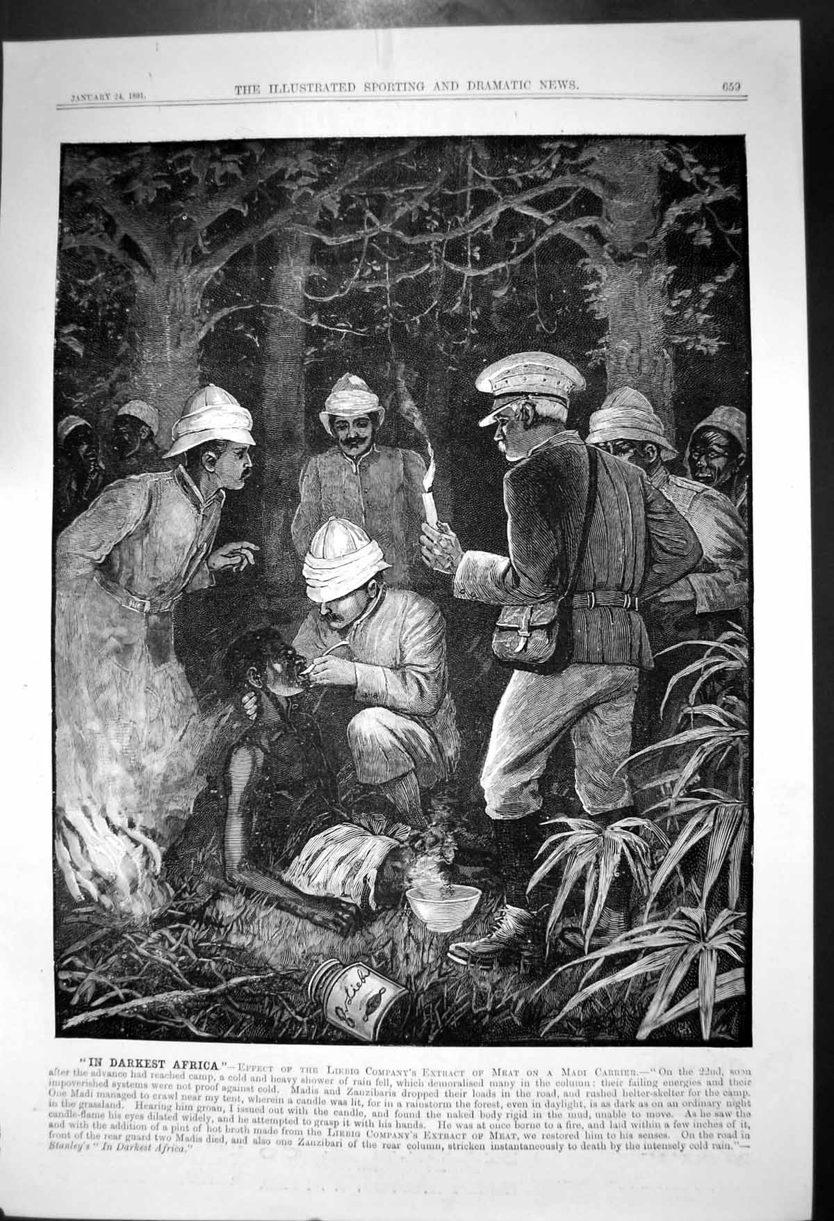 Old Print Darkest Africa Liebigs Extract Meat Given To Madi Carrier 1891 19th