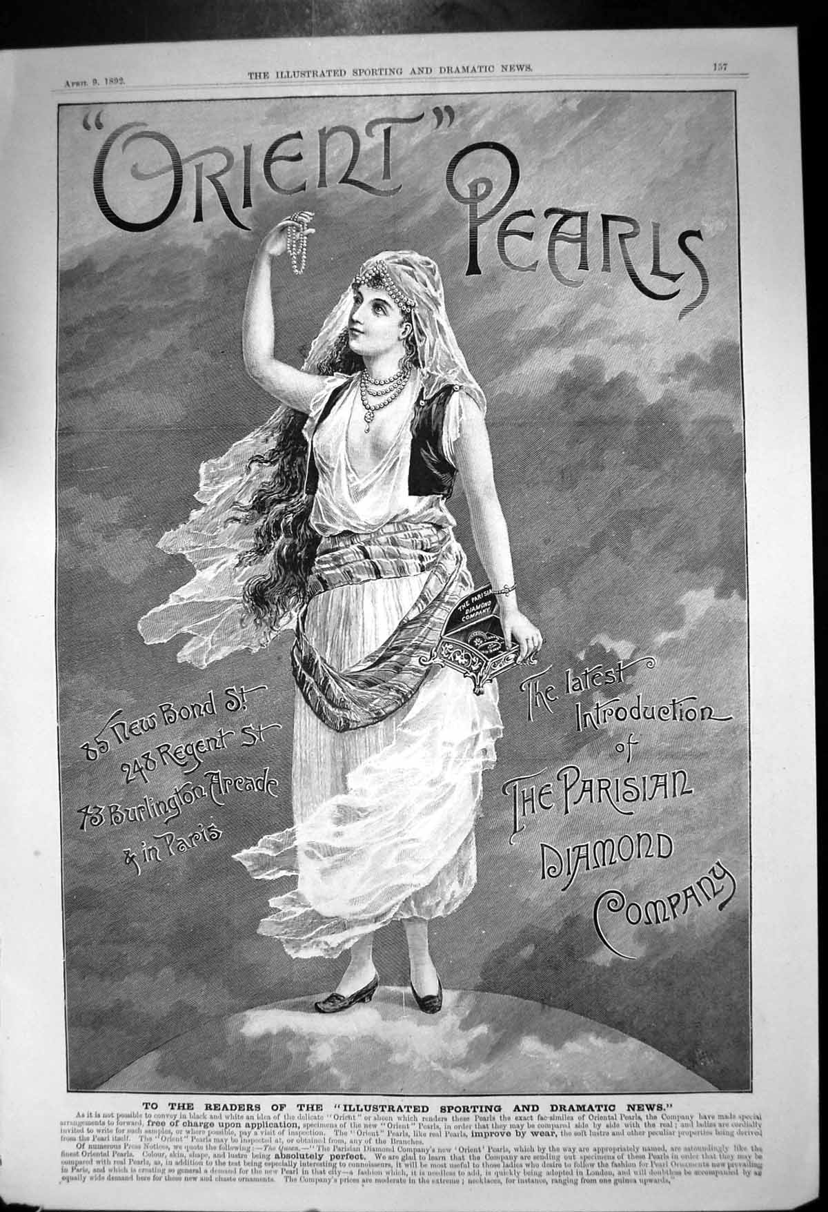 Antique Old Print Orient Pearls Parisian Diamond Company 85 New Bond St 1892