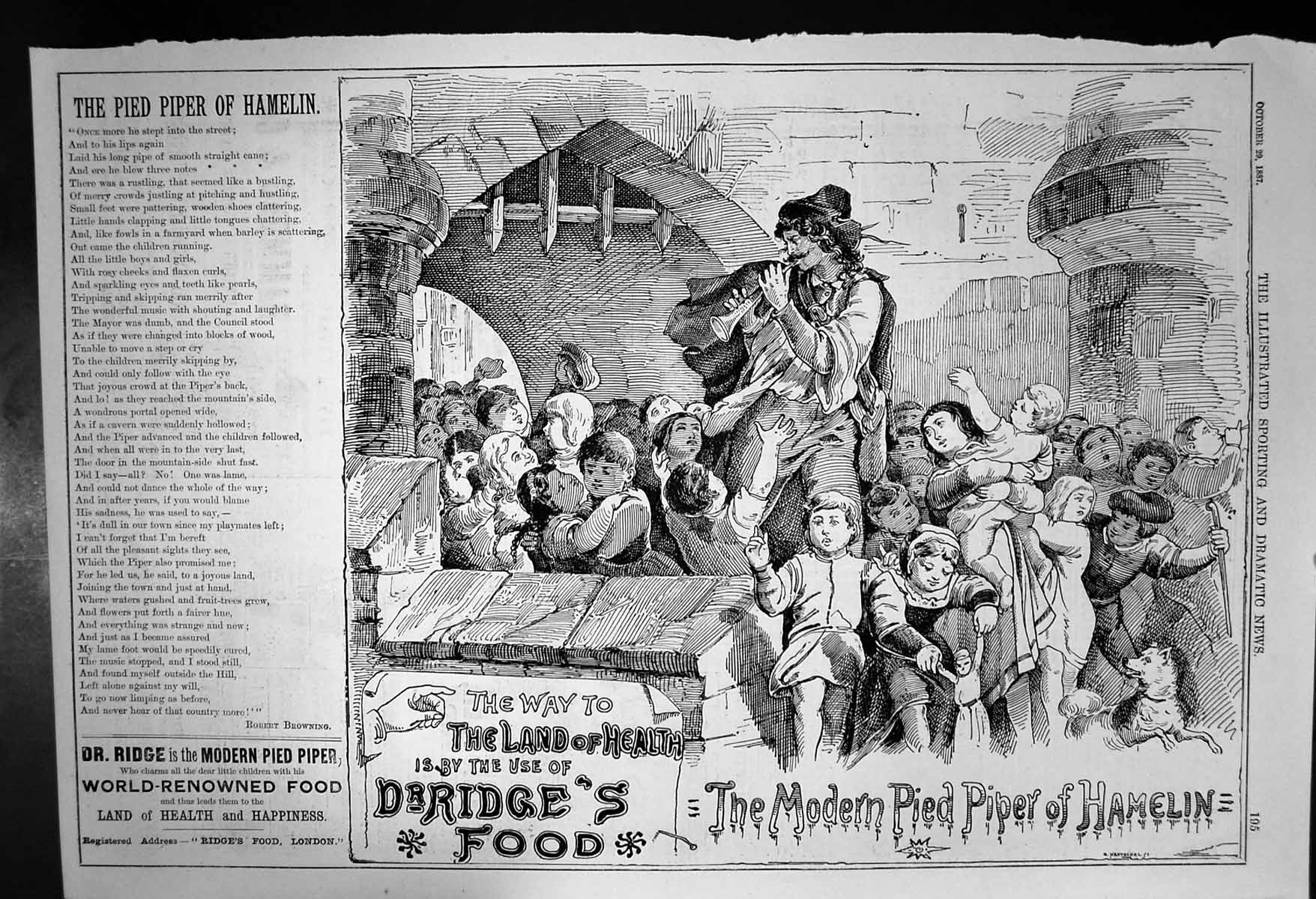 Old Antique Print Dr Ridges Food Children Pied Piper Hamelin Health 1887 19th
