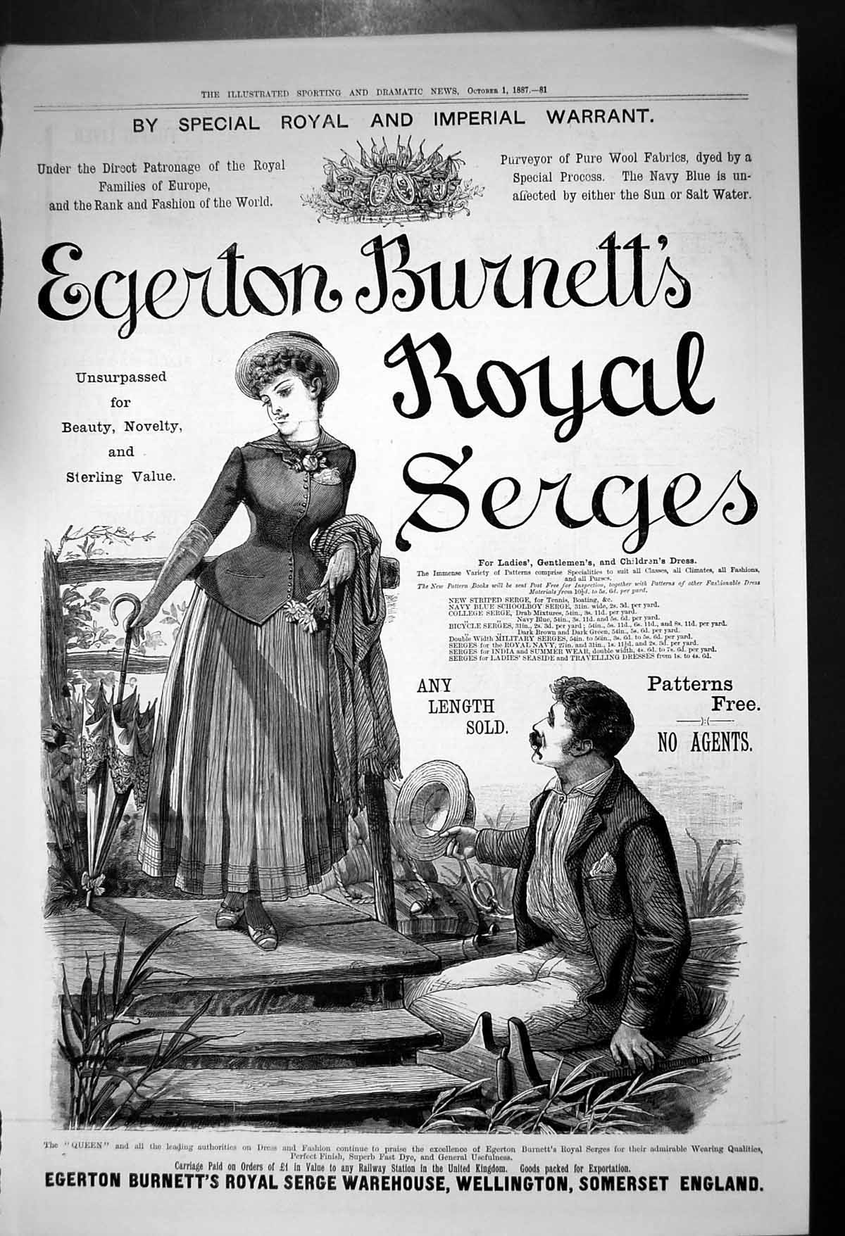 Original Old Antique Print Egerton Burnetts Royal Serge Warehouse Patterns 1887