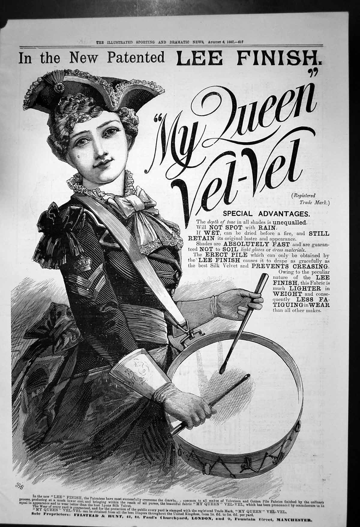Old Antique Print Lee Finish My Queen Velvet Pile Prevents Creasing 1887 19th