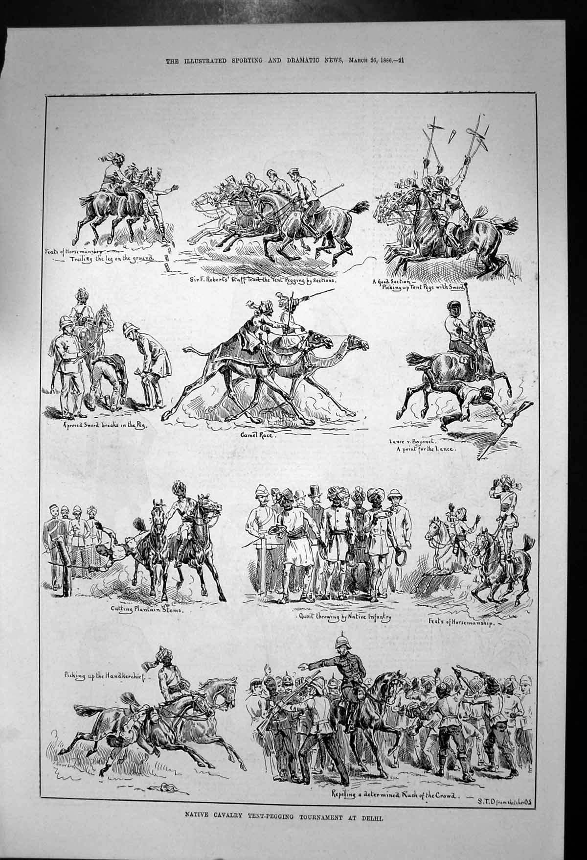 Antique Old Print Native Cavalry Tent Pegging Tournament Delhi Quoits 1886 19th