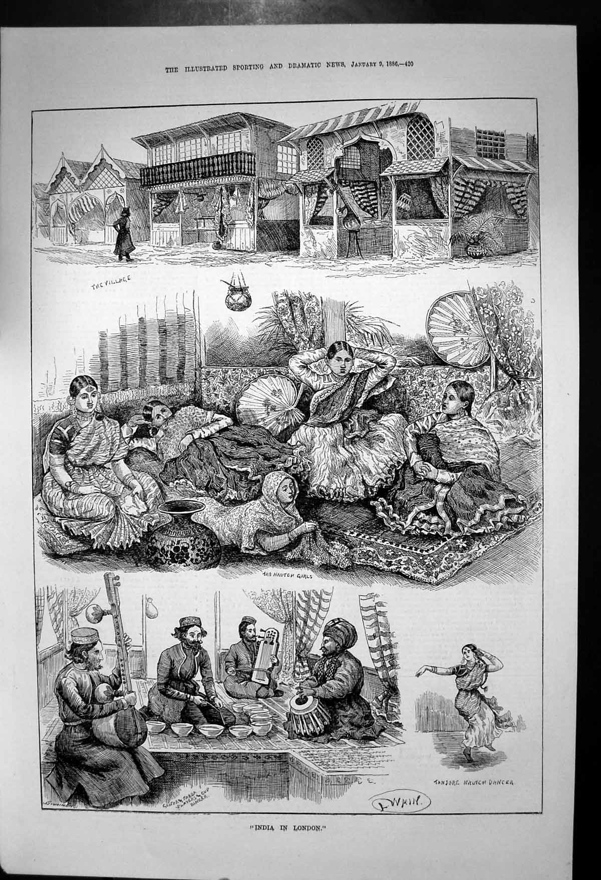 Old Antique Print India In London Tanjore Nautch Dancer Guitar Tabba 1886 19th