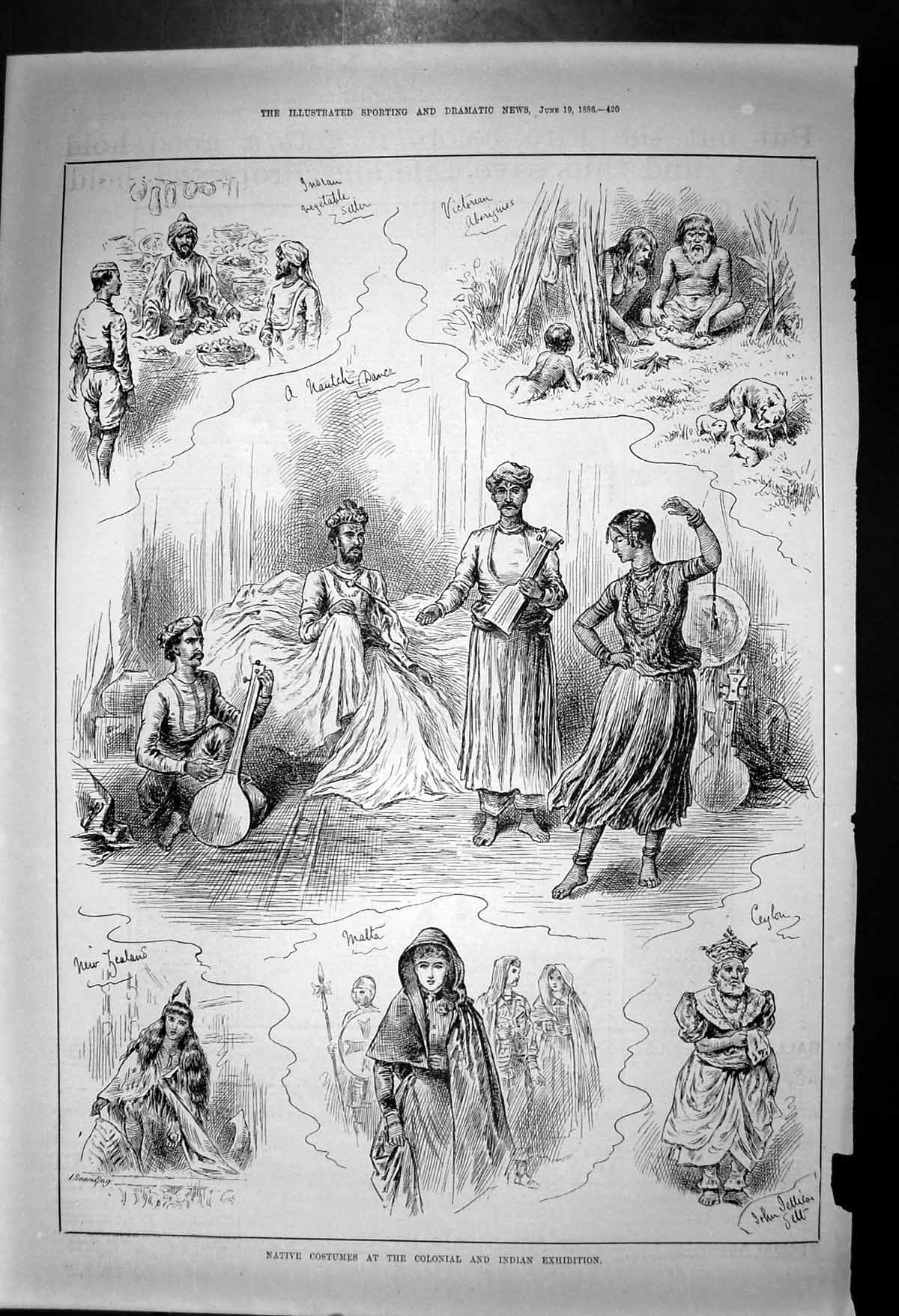 Antique Print Native Costumes Colonial Indian Exhibition Indian Malta 1886 19th