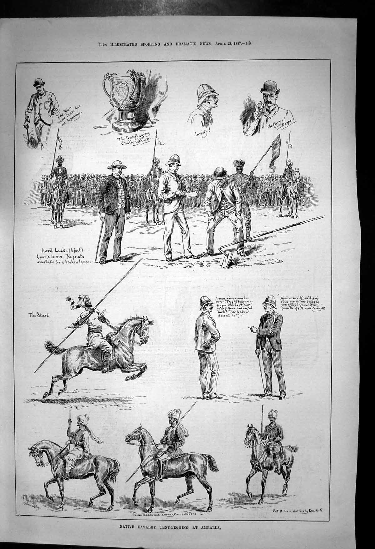 Old Antique Print Native Cavalry Tent Pegging Amballa Challenge Cup 1887 19th