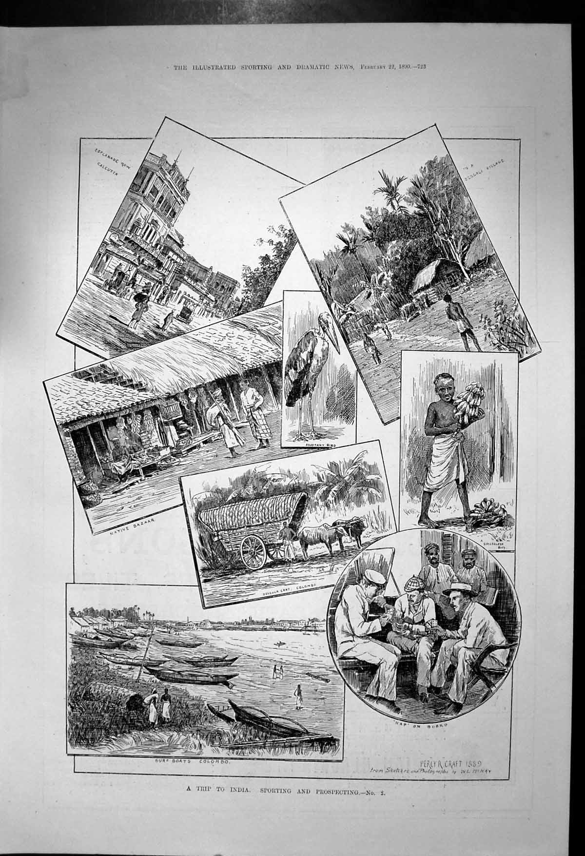 Antique Old Print India Sporting Prospecting Calcutta Surf Boats Colombo 1890