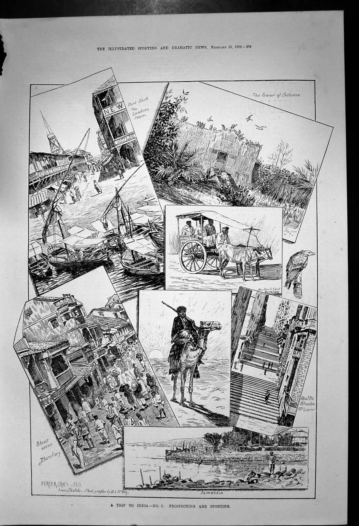Antique Old Print India Port Said Bullock Cart Bombay Ismailia St Lucia 1890
