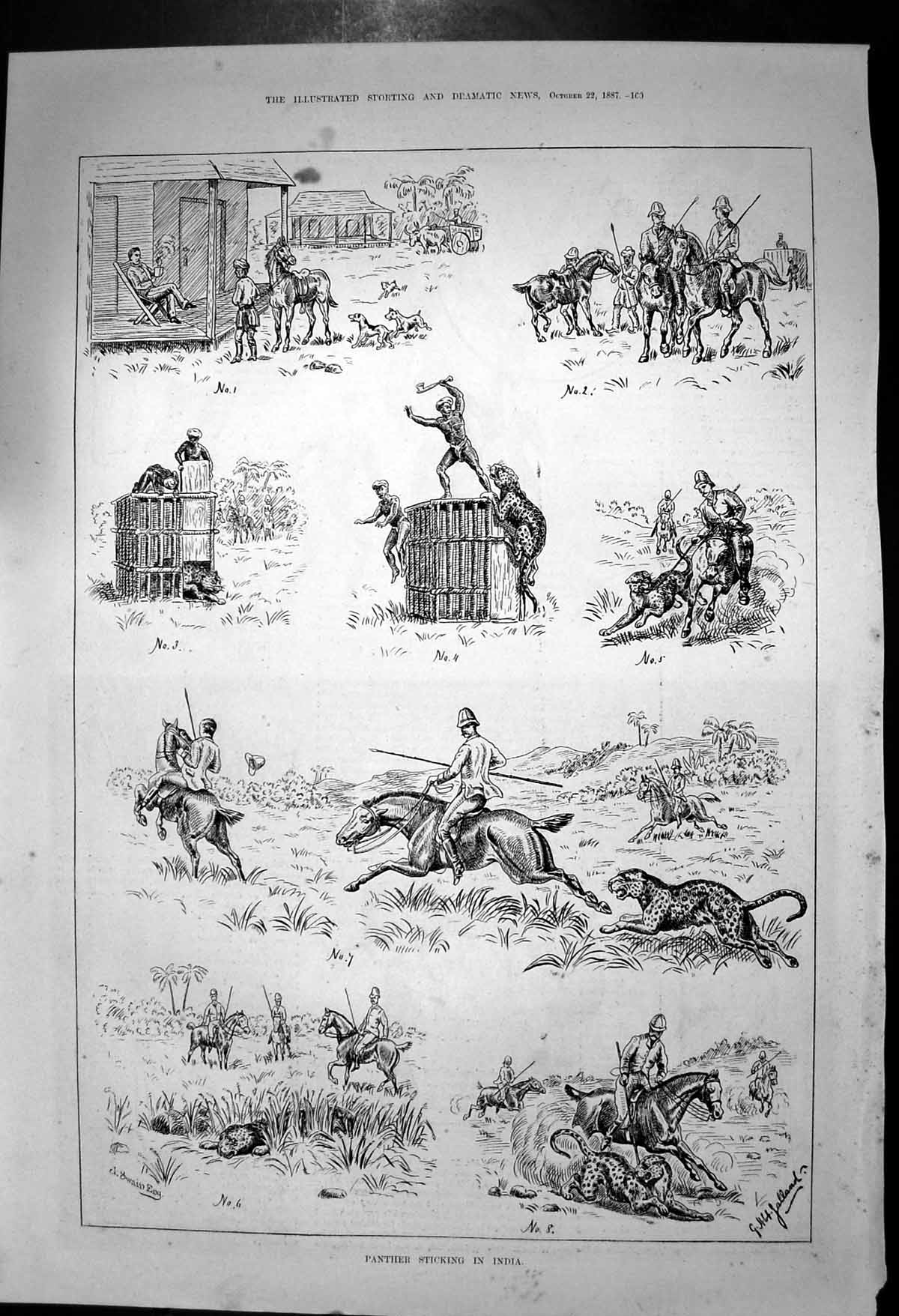 Old Antique Print Panther Sticking India J Swain Horse Riders Spears 1887 19th