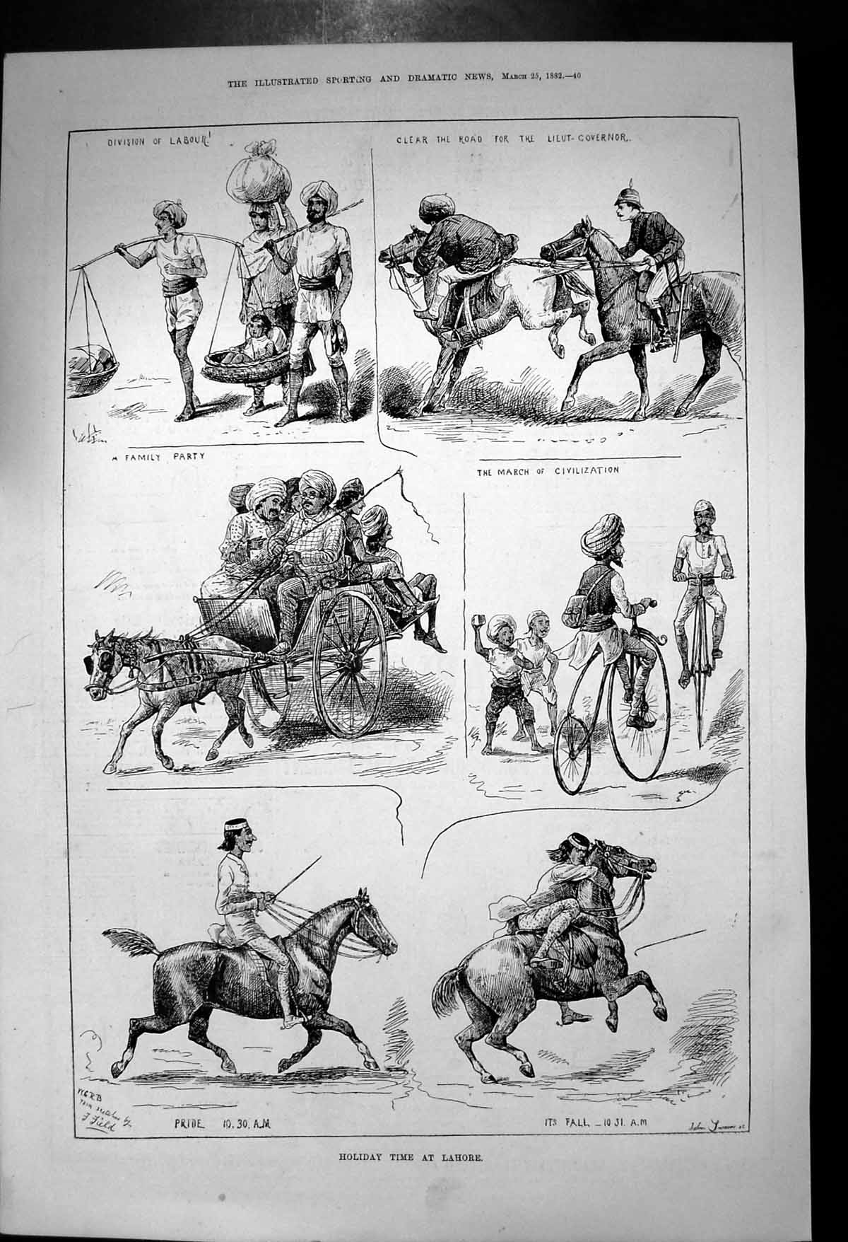 Antique Old Print Holiday Time Lahore Lt Governor Family Party Bicycle 1882