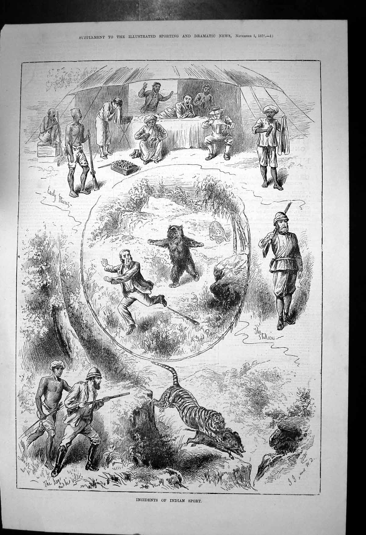 Antique Print Incidents Indian Sport Shikaru Chased By Bear Tiger Pig 1879 19th