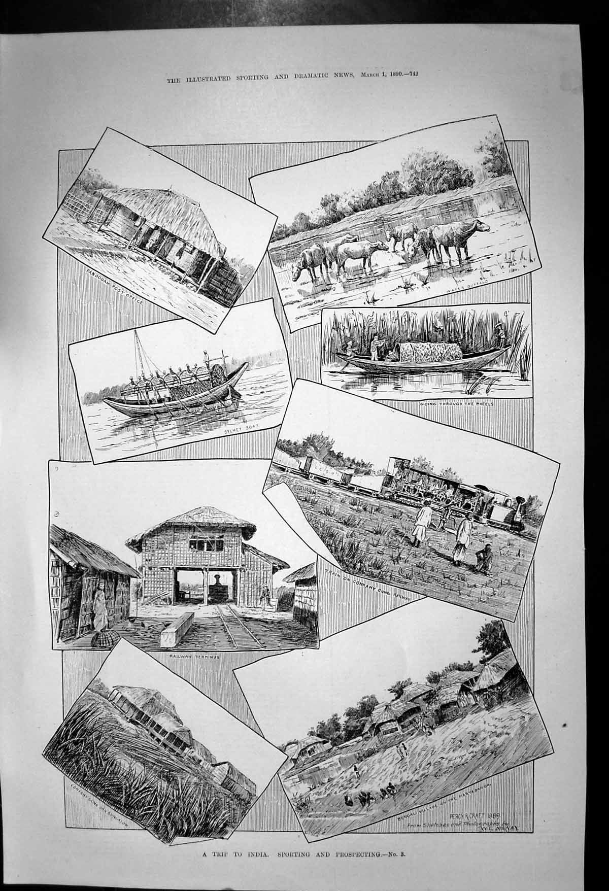 Old Antique Print India Railway Terminus Bengali Village Sylhet Boat 1890 19th