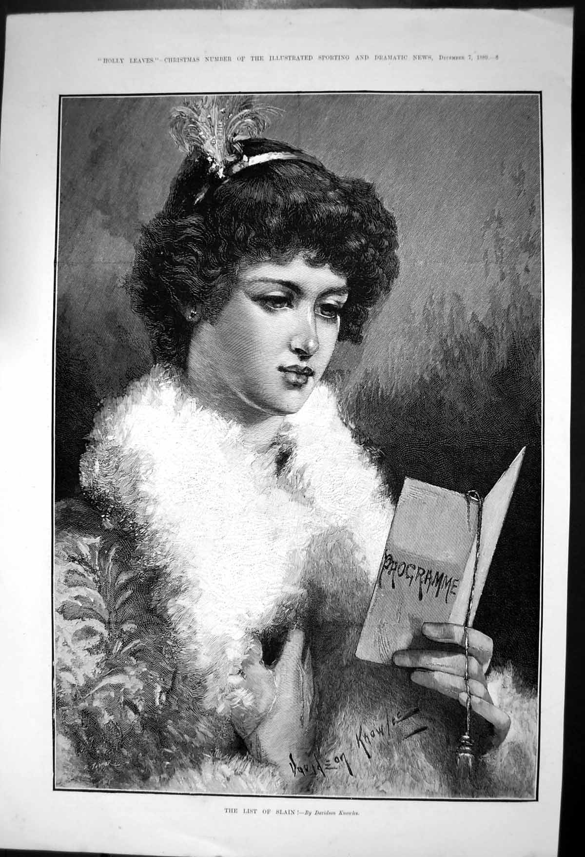 Old Antique Print List Slain Davidson Knowles Girl Reading Programme 1889 19th