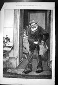 Old Print A Beggar Leaving Doorstep Filling Bag Beard Walking Stick 1881 19th