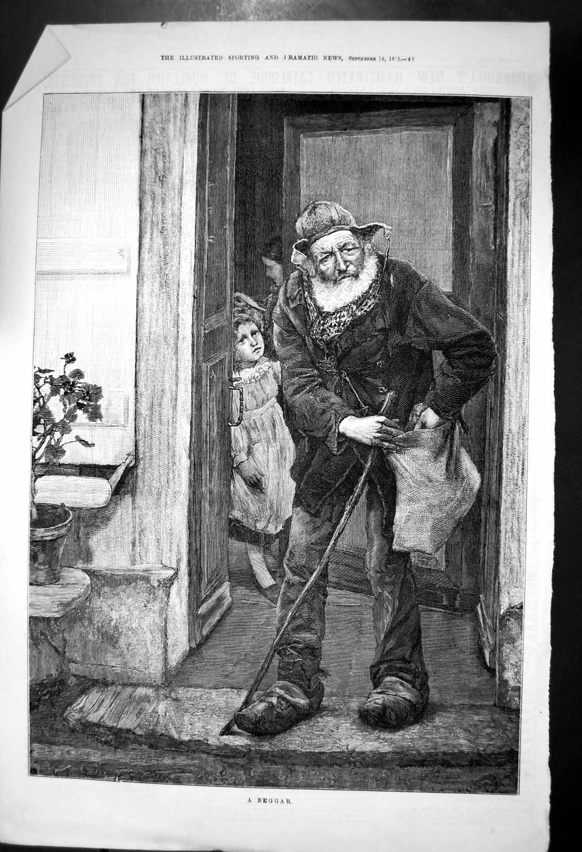 Old Print A Beggar Leaving Doorstep Filling Bag Beard Walking Stick 1881 19th