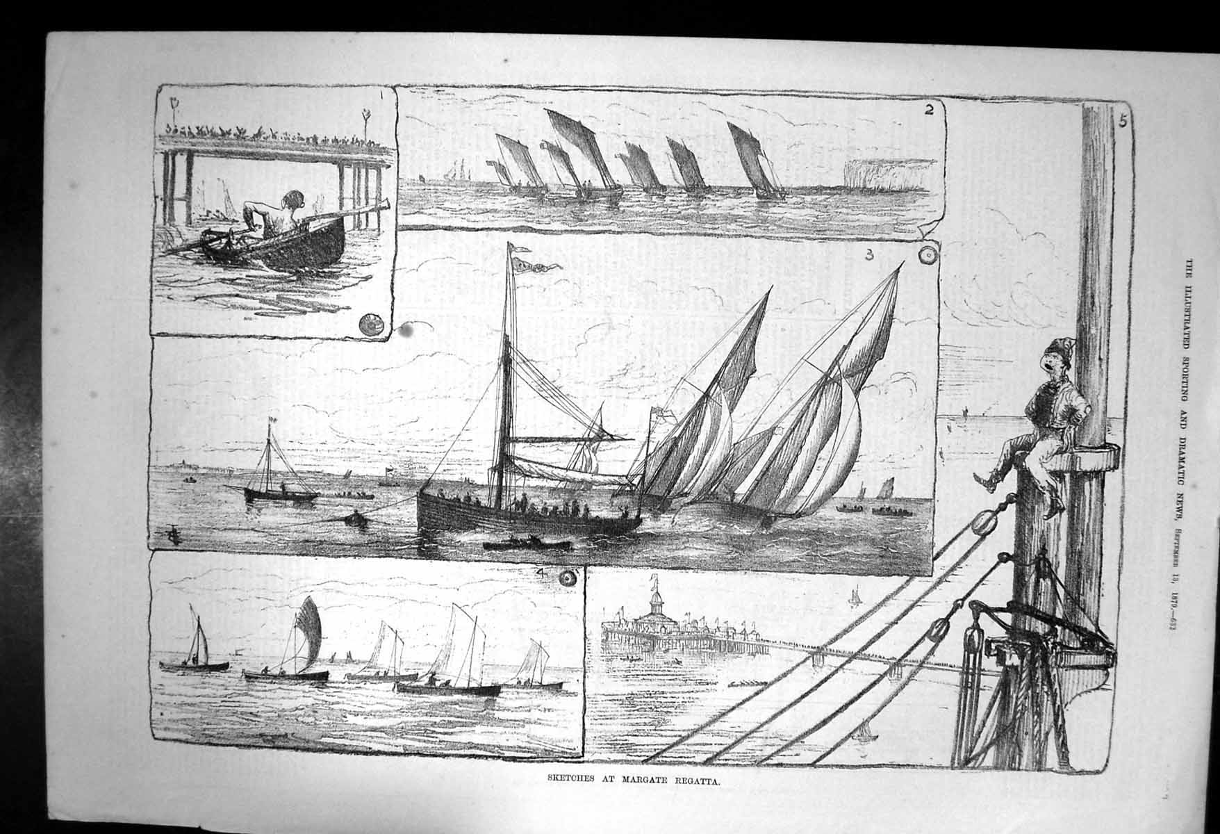 Original Old Antique Print Sketches Margate Regatta Sailing Yachts Pier 1879