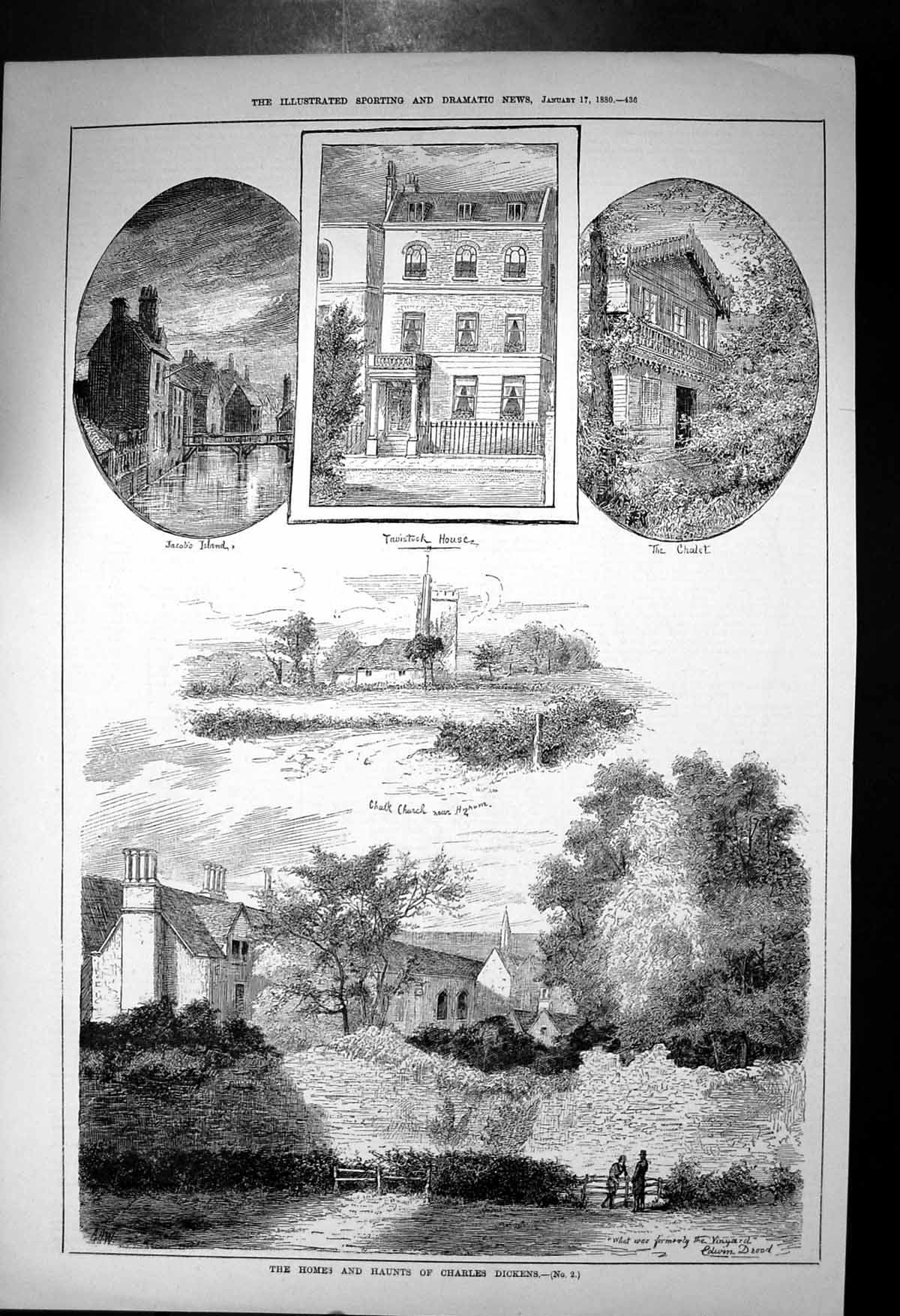 Antique Old Print Homes Haunts Charles Dickens Tavistock Jacobs Island 1880
