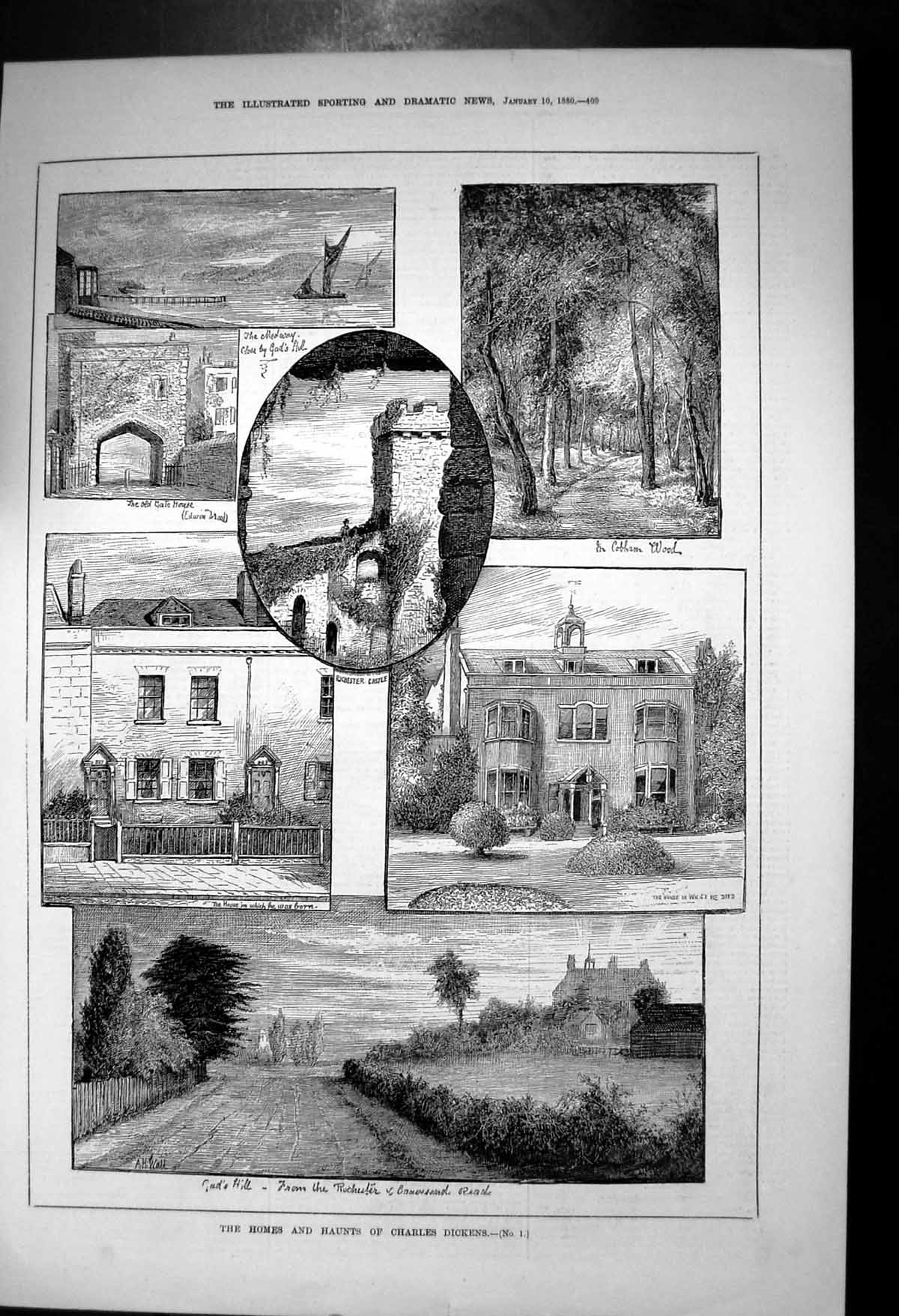 Antique Old Print Haunts Charles Dickens Cobham Wood Medway Gods Hill 1880 19th