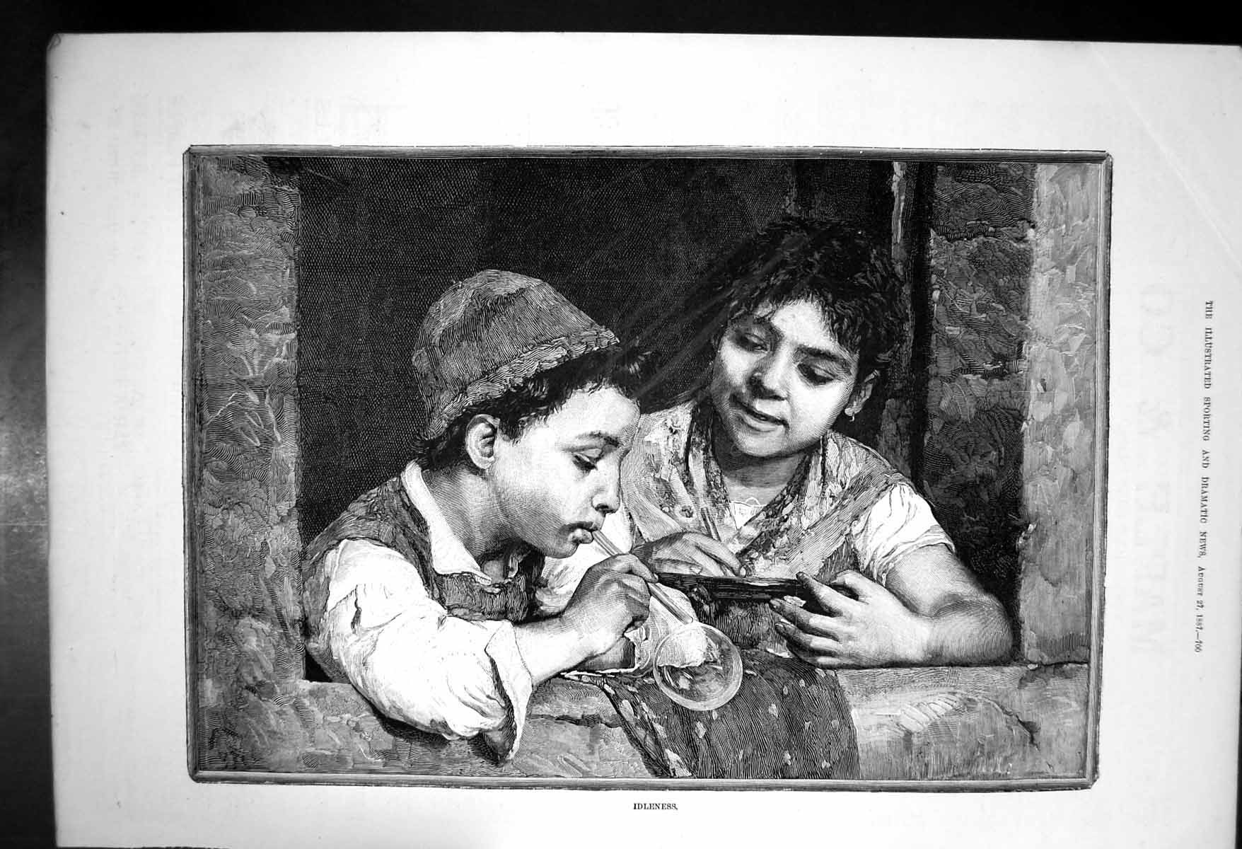 Original Old Antique Print Idleness Two Boys Blowing Bubbles 1887 Victorian