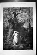Old Antique Print Water Nymph Girl Woods Stream Pond Water Lillies 1887 19th
