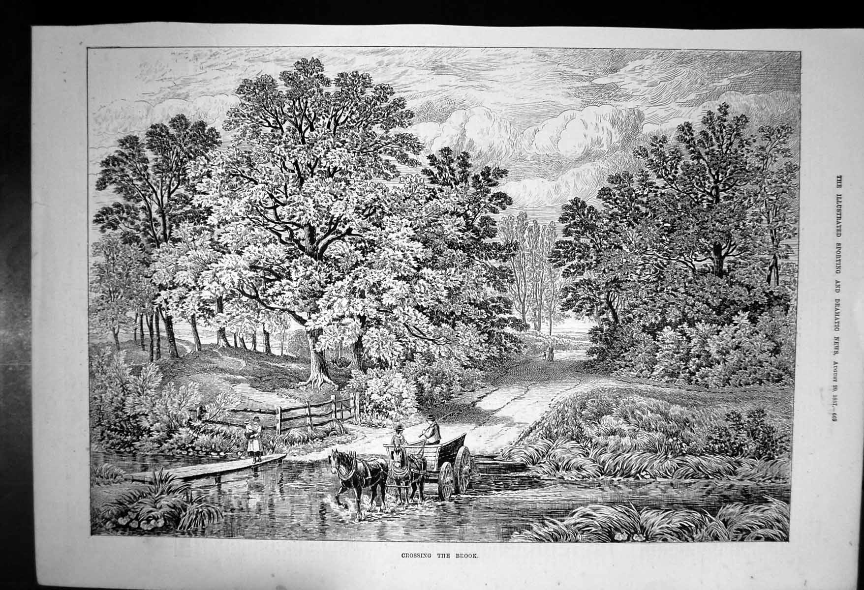 Antique Old Print Crossing Brook Horse Cart Lady Child Crossing Bridge 1887