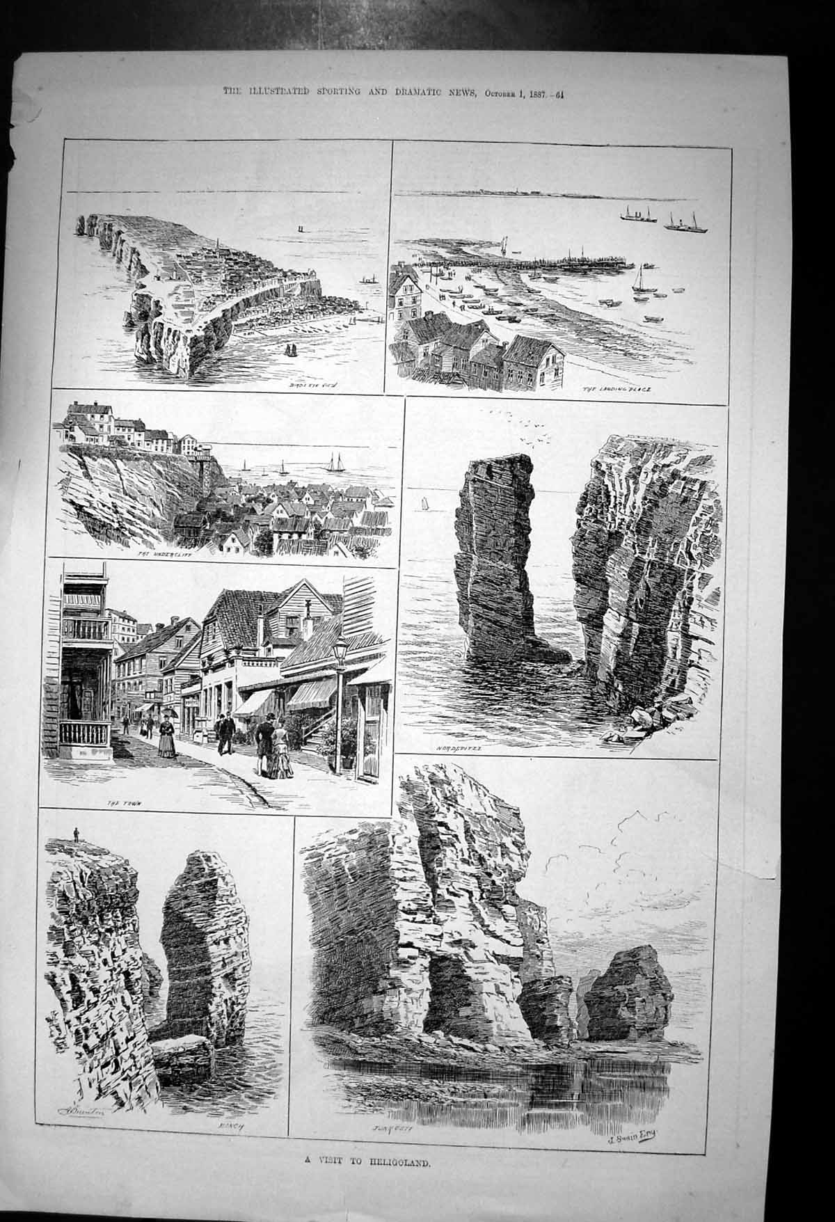 Antique Old Print Visit Heligoland Undercliff Nordspitze Junkgatt Monch 1887