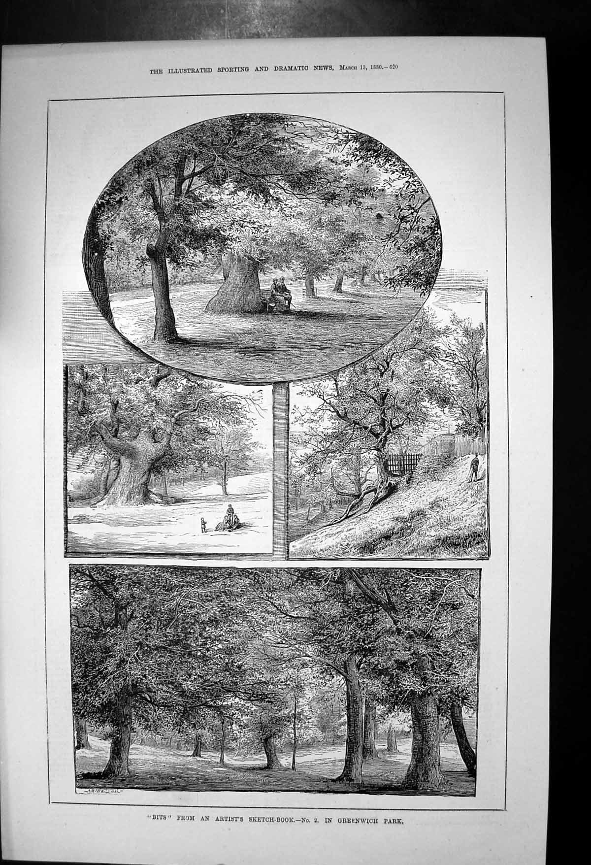 Original Old Antique Print Bits Greenwich Park Woodland Scenes Park Bench 1880