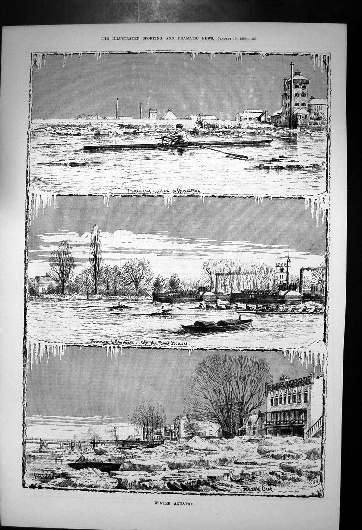 Old Antique Print Winter Aquatics Training Boat Houses Frozen River 1880 19th