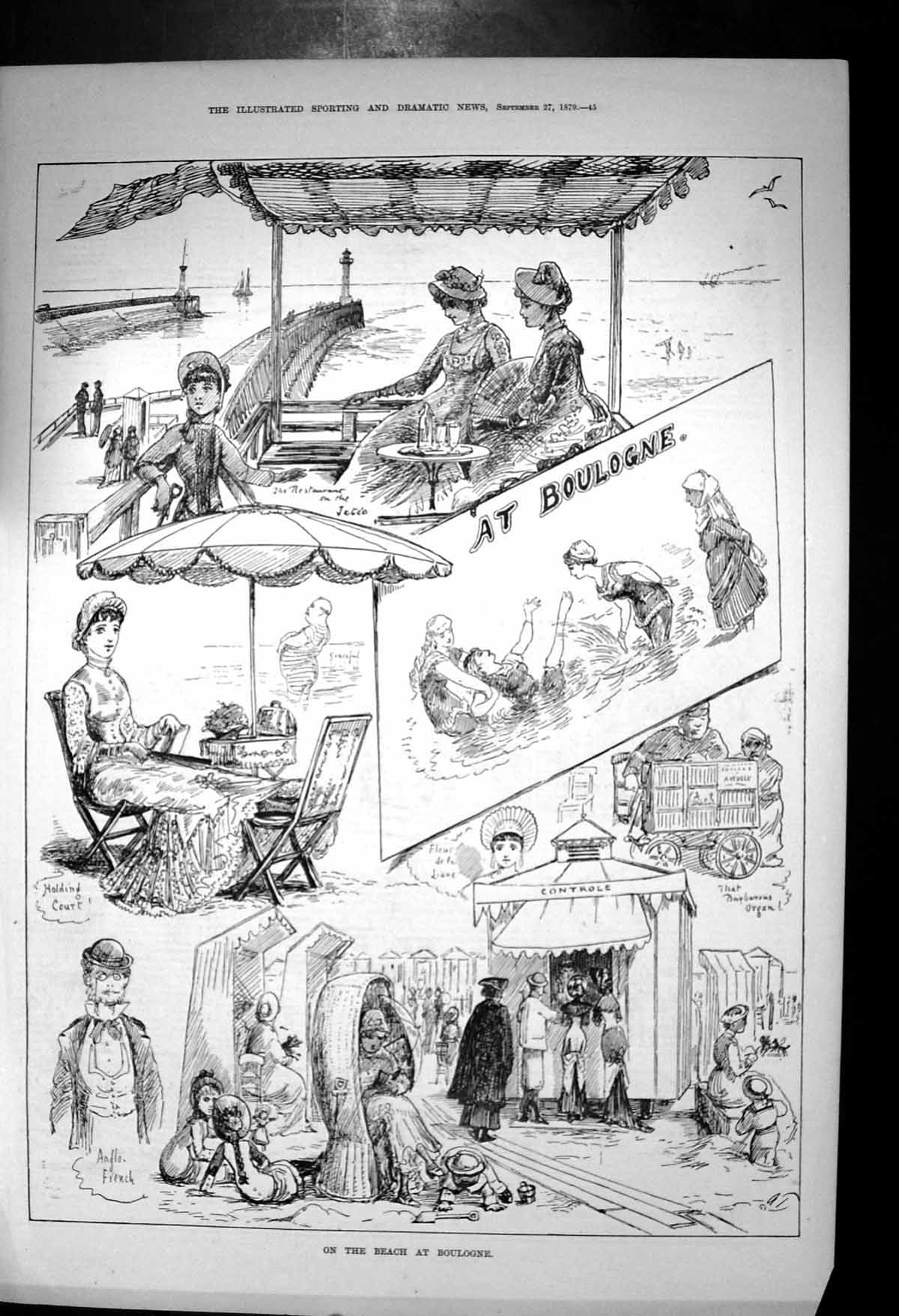 Original Old Antique Print Beach Boulogne Jetee Restaurant Barbarous Organ 1879