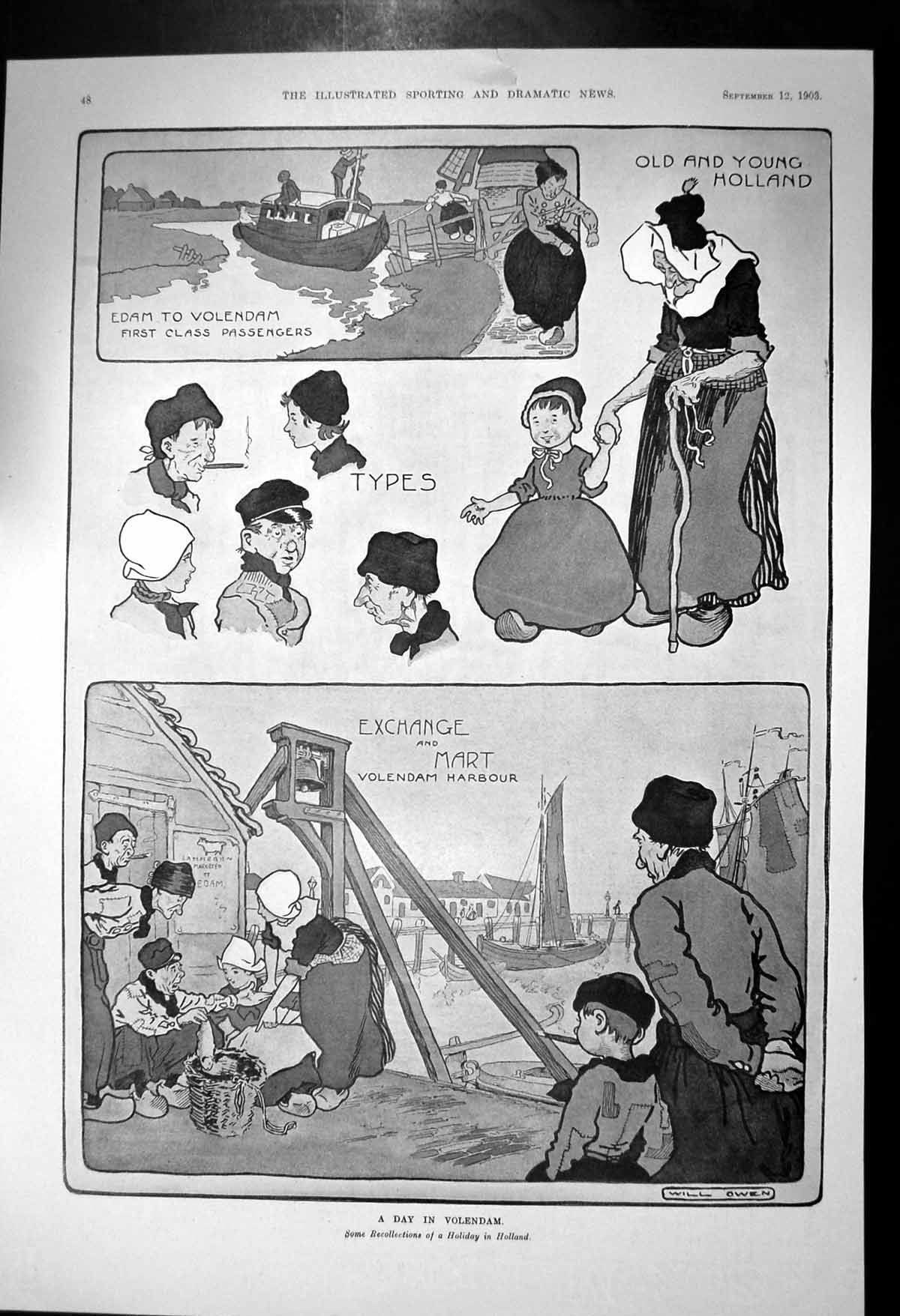 Antique Old Print Day Volendam Holland Exchange Mart Harbour Edam Boat 1903
