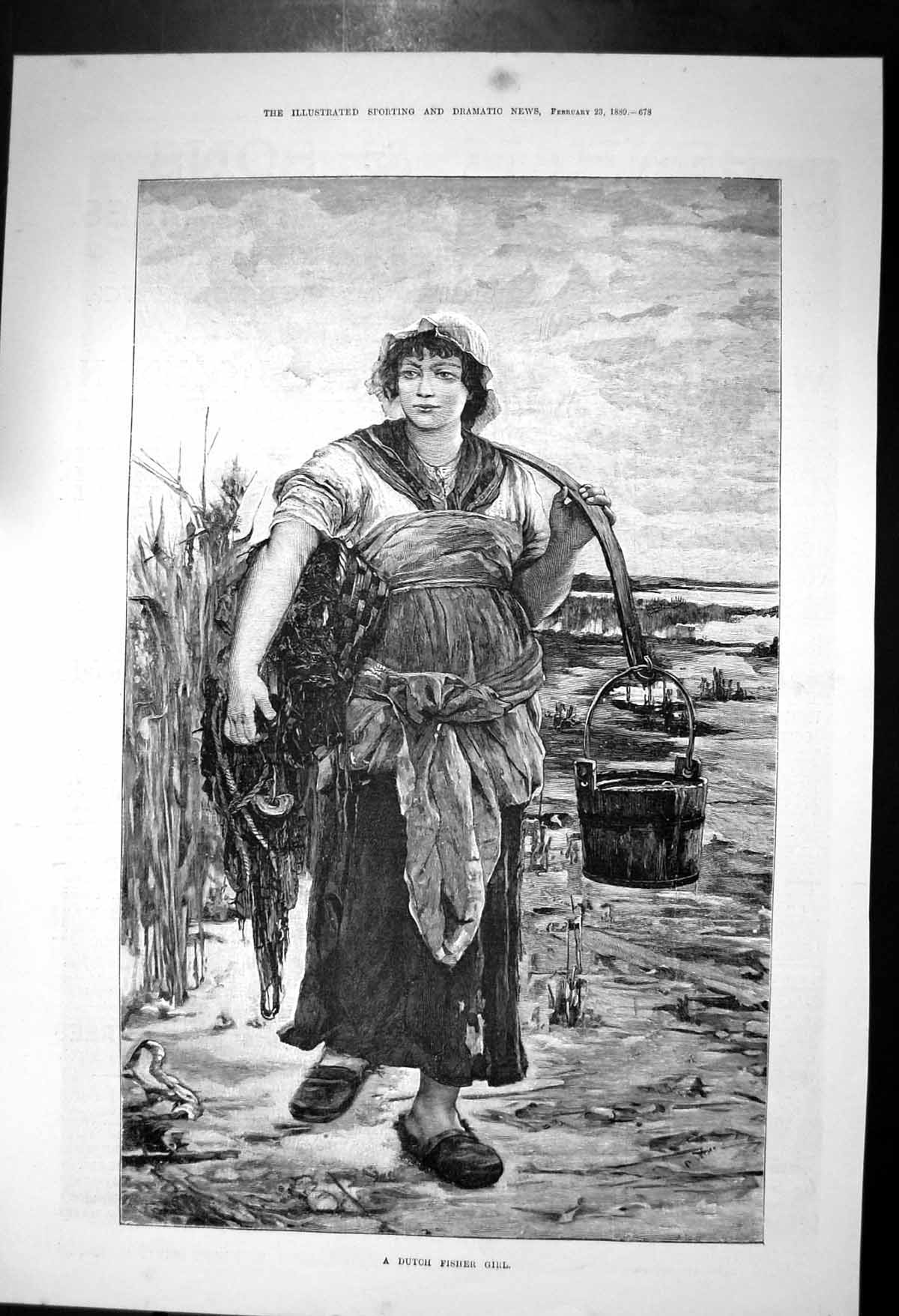 Original Old Antique Print Dutch Fisher Girl Carrying Nets Basket Pail 1889