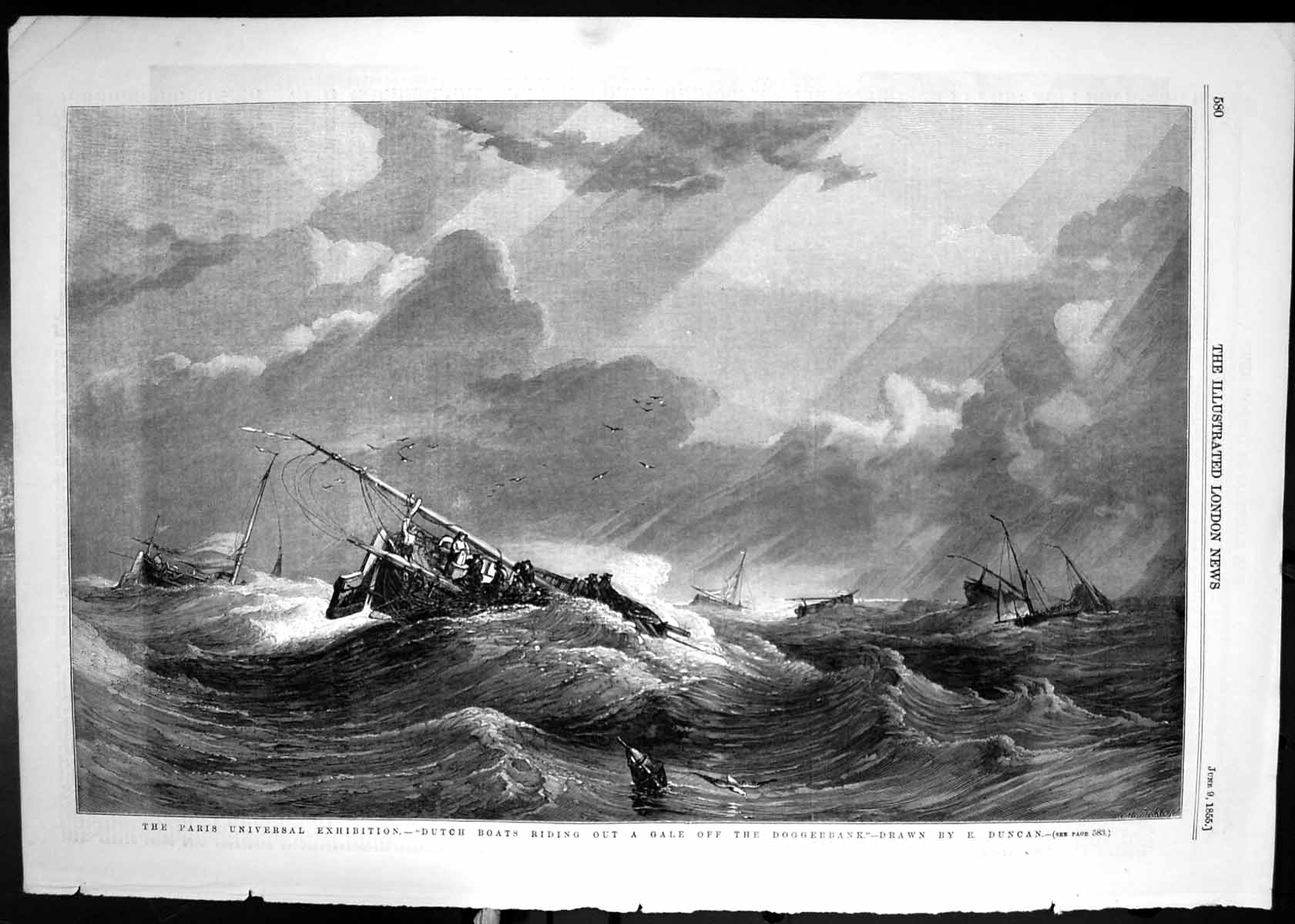 Old Print 1855 Dutch Boats Riding Gale Doggerbank Stormy Sea Duncan Ships 19th