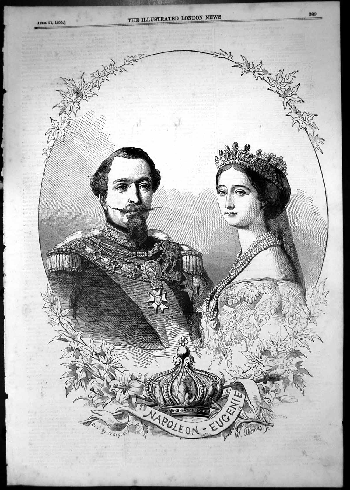 Original Old Antique Print 1855 Portrait Royal Couple Napoleon Eugenie 19th
