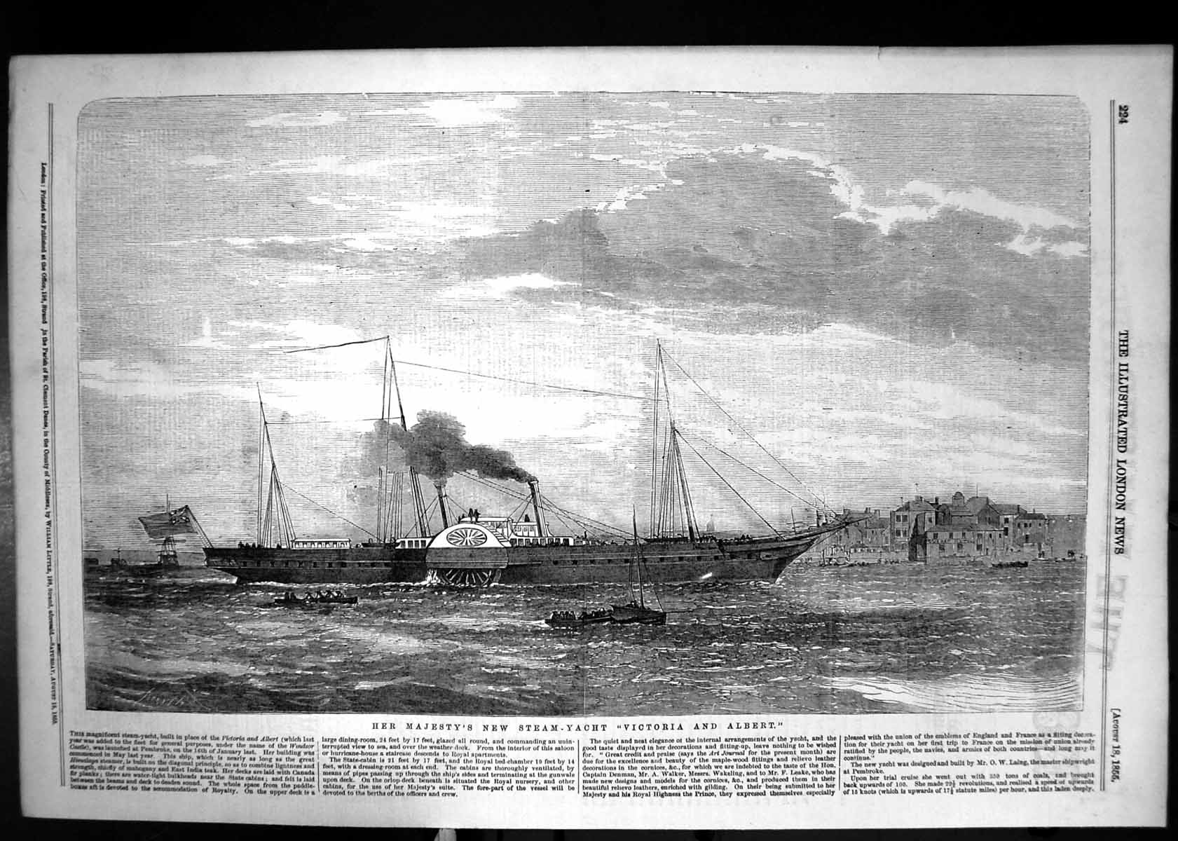 Old Antique Print 1855 Her Majesty Queen Steam Yacht Ship Victoria Albert 19th
