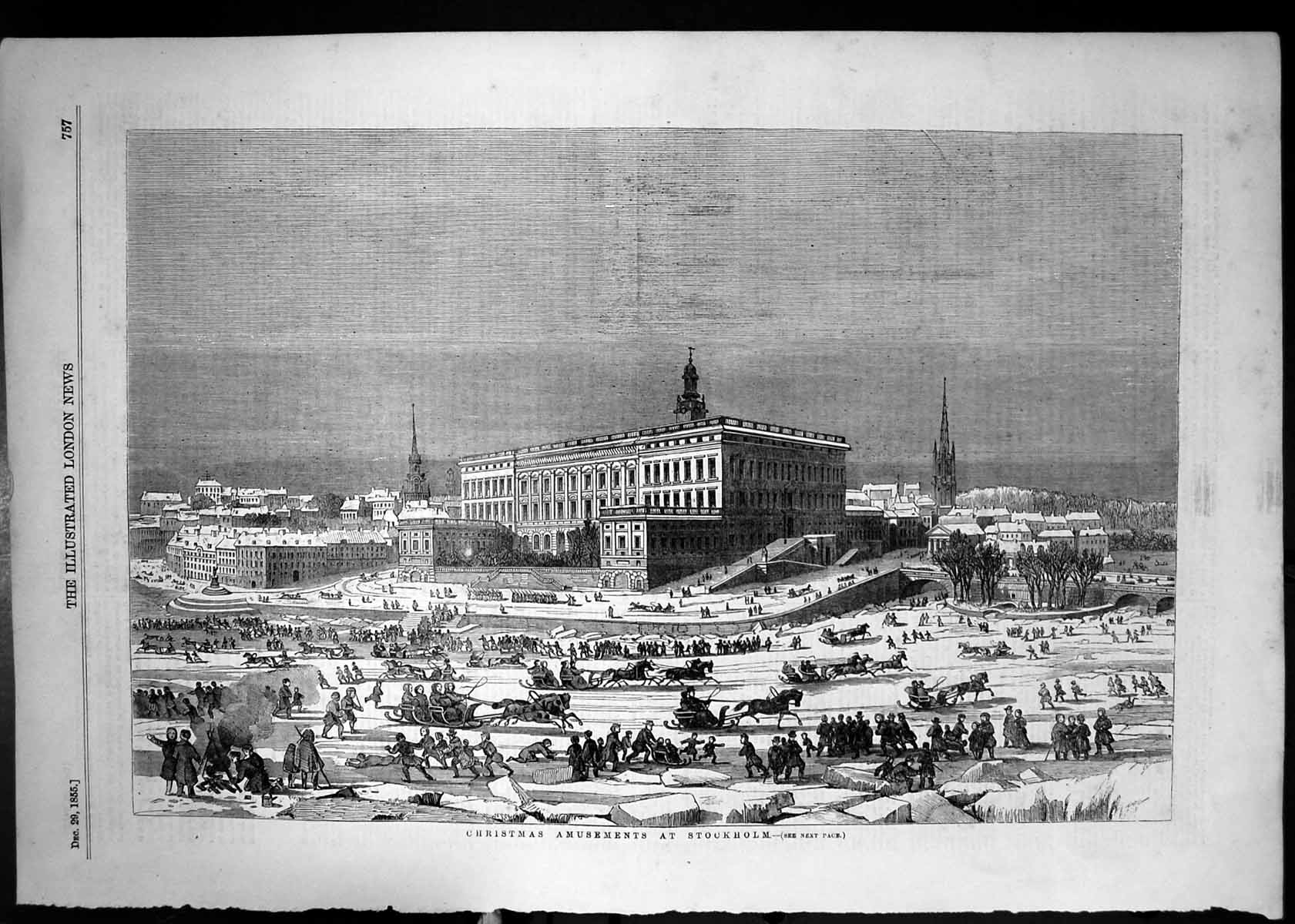 Old Print 1855 Christmas Amusement Sotckholm Sweden Sledging Ice Skating 19th