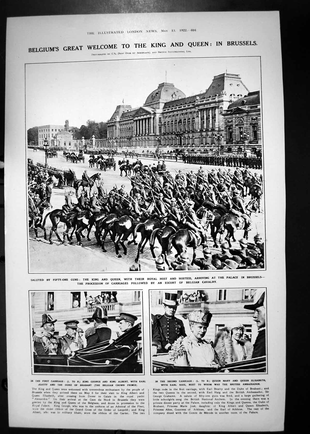 Antique Old Print 1922 Belgium Welcome King George Albert Queen Mary Brussels
