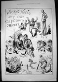 Old Antique Print 1876 Cricket Bowling Sport Wicket Notes Harry Furniss 19th