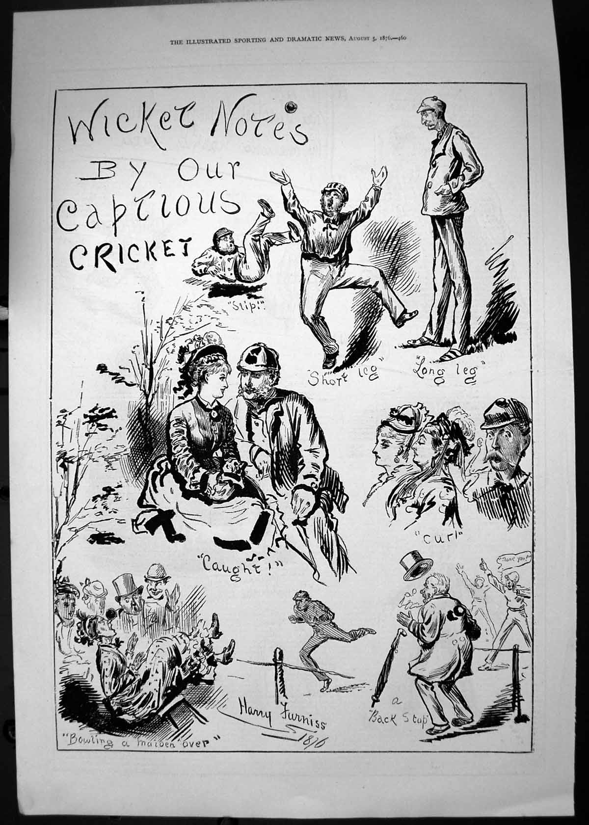 Old Antique Print 1876 Cricket Bowling Sport Wicket Notes Harry Furniss 19th
