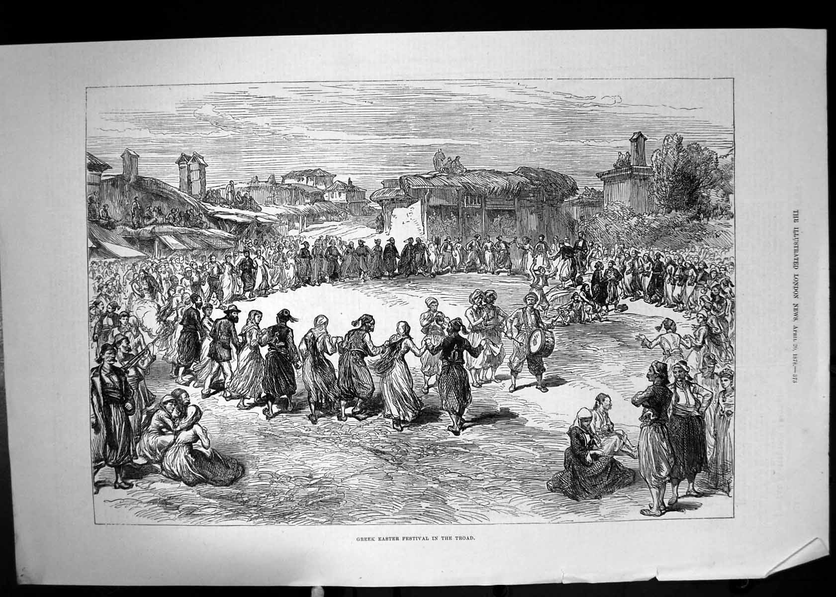 Original Old Antique Print Greek Easter Festival Troad Greece Celebration 1878