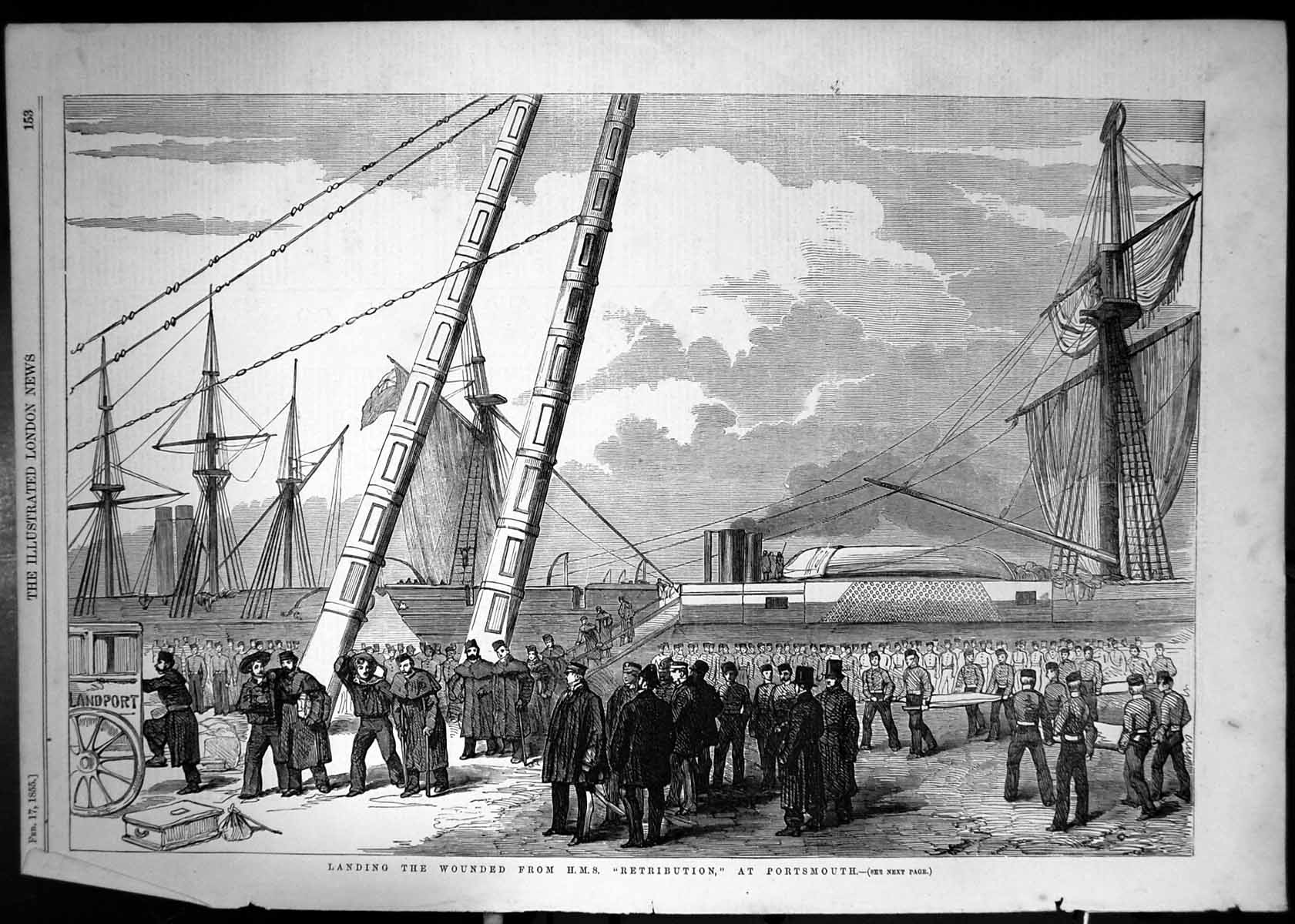 Old Antique Print 1855 Ships Landing Wounded HMS Retribution Portsmouth 19th