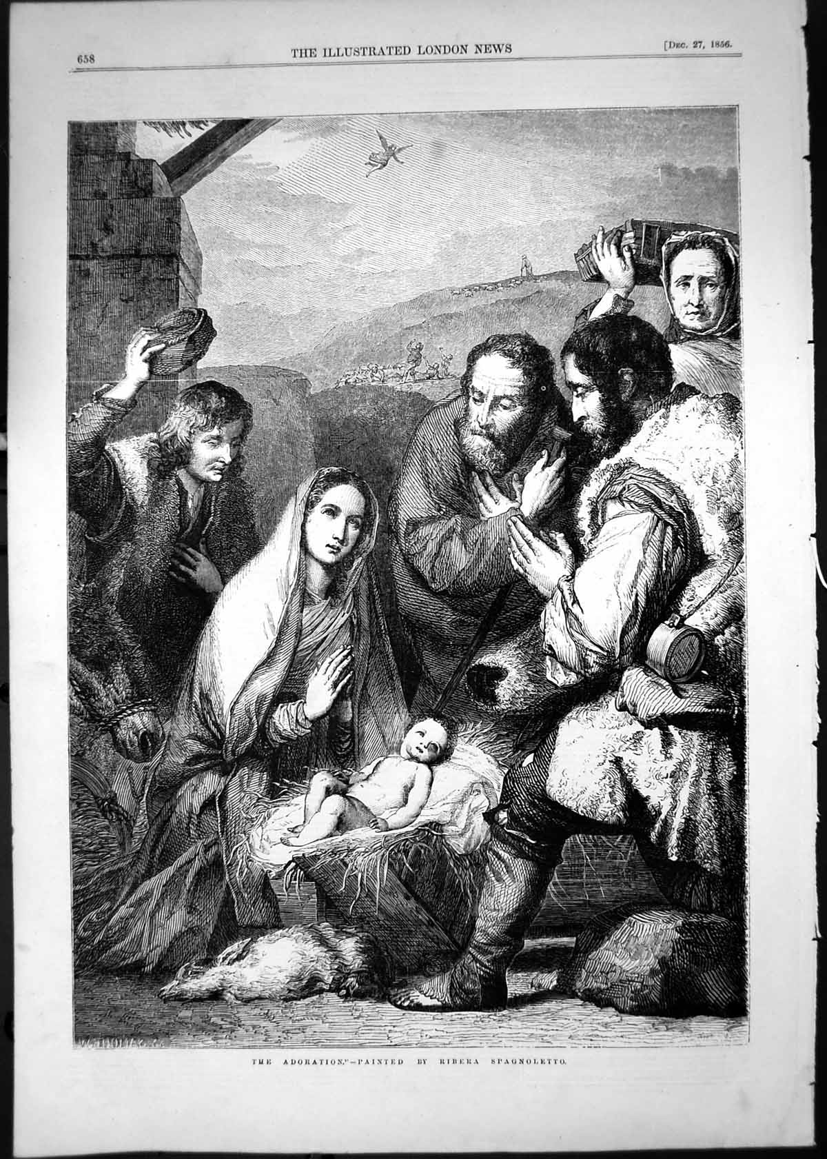 Old 1856 Adoration Painted Ribera Spagnoletto Mary Joseph Baby Jesus Victorian