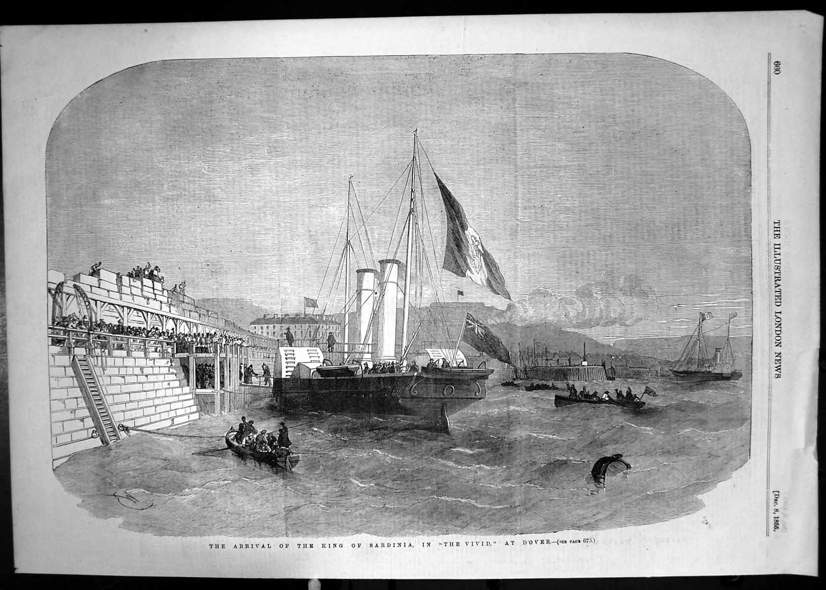 Original Old Antique Print 1855 Arrival King Sardinia Ship Vivid Dover Harbour