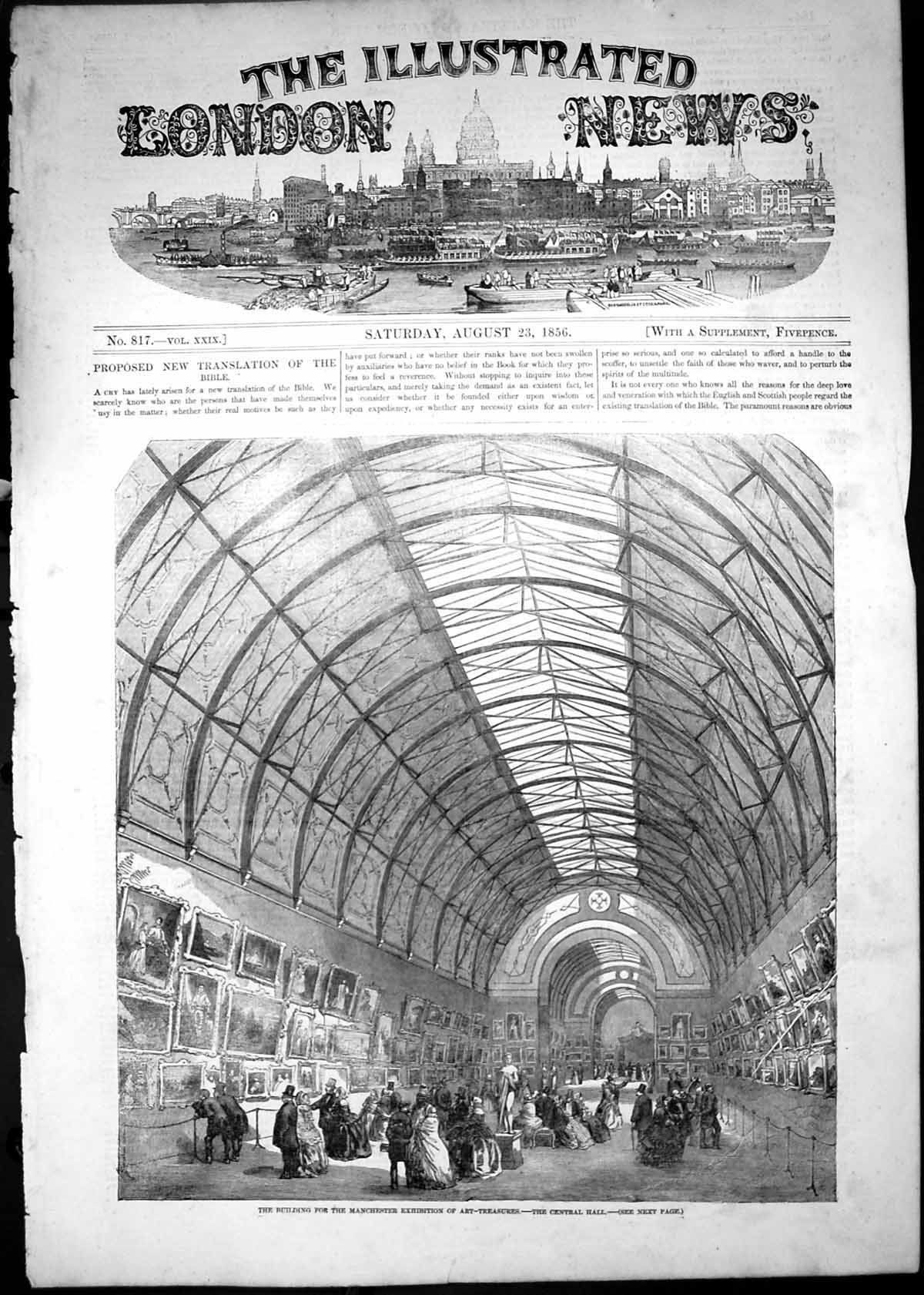 Old Print 1856 Building Manchester Exhibition Art Treasures Central Hall 19th