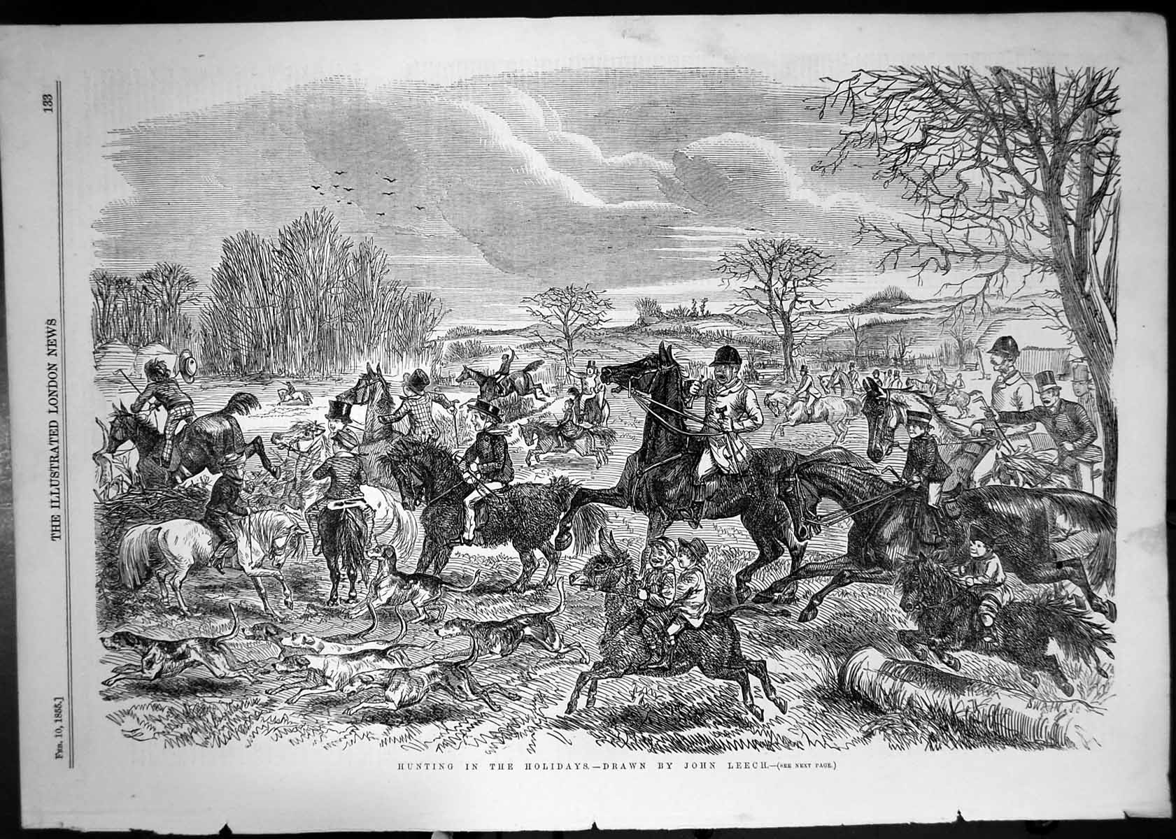 Antique Old Print 1855 Fox Hunting Season Holidays Horses Children Huntsmen