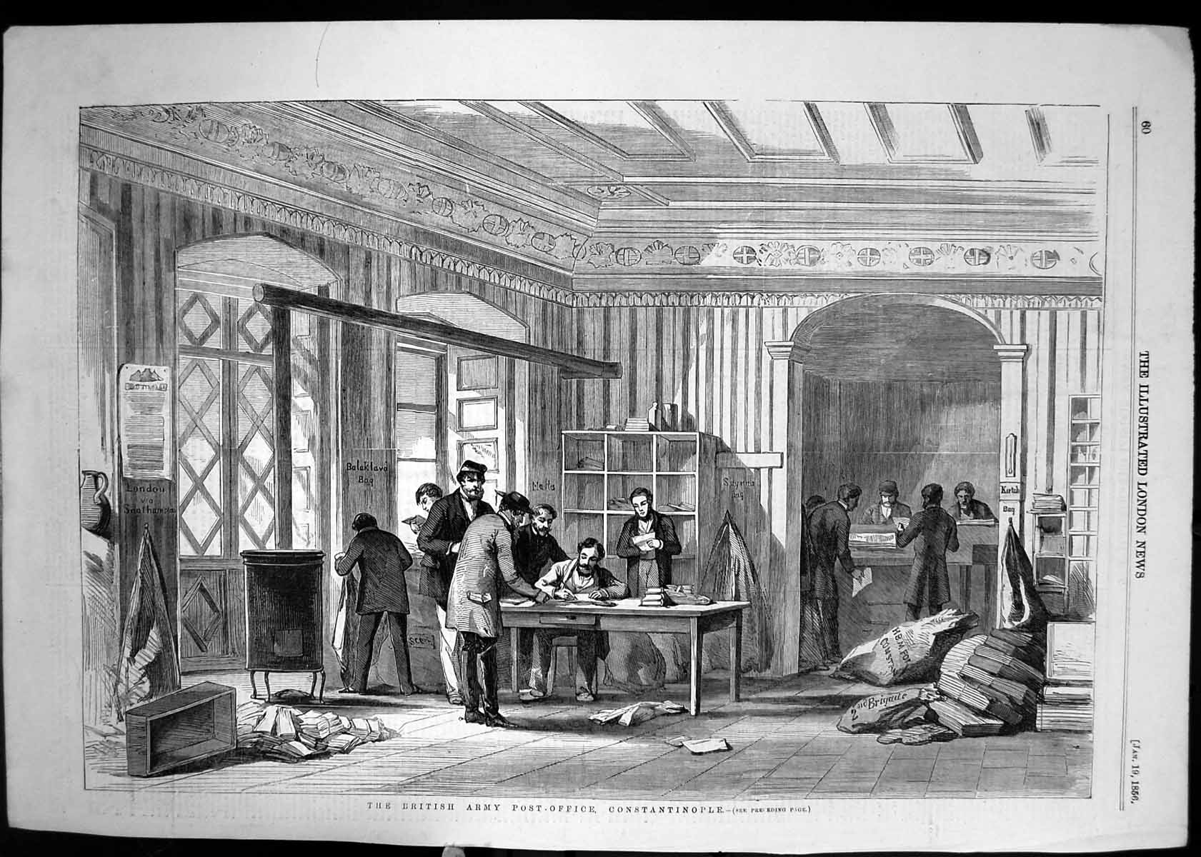 Original Old Antique Print 1856 British Army Post Office Constantinople 19th