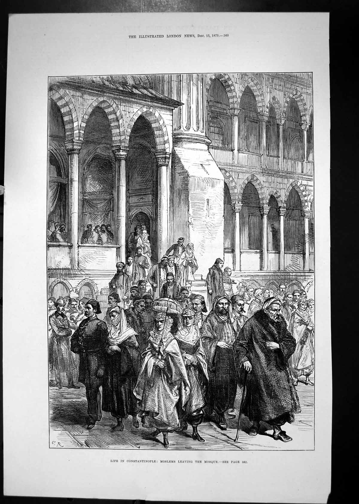 Original Old Antique Print 1879 Constantinople Scene Moslems Leaving Mosque